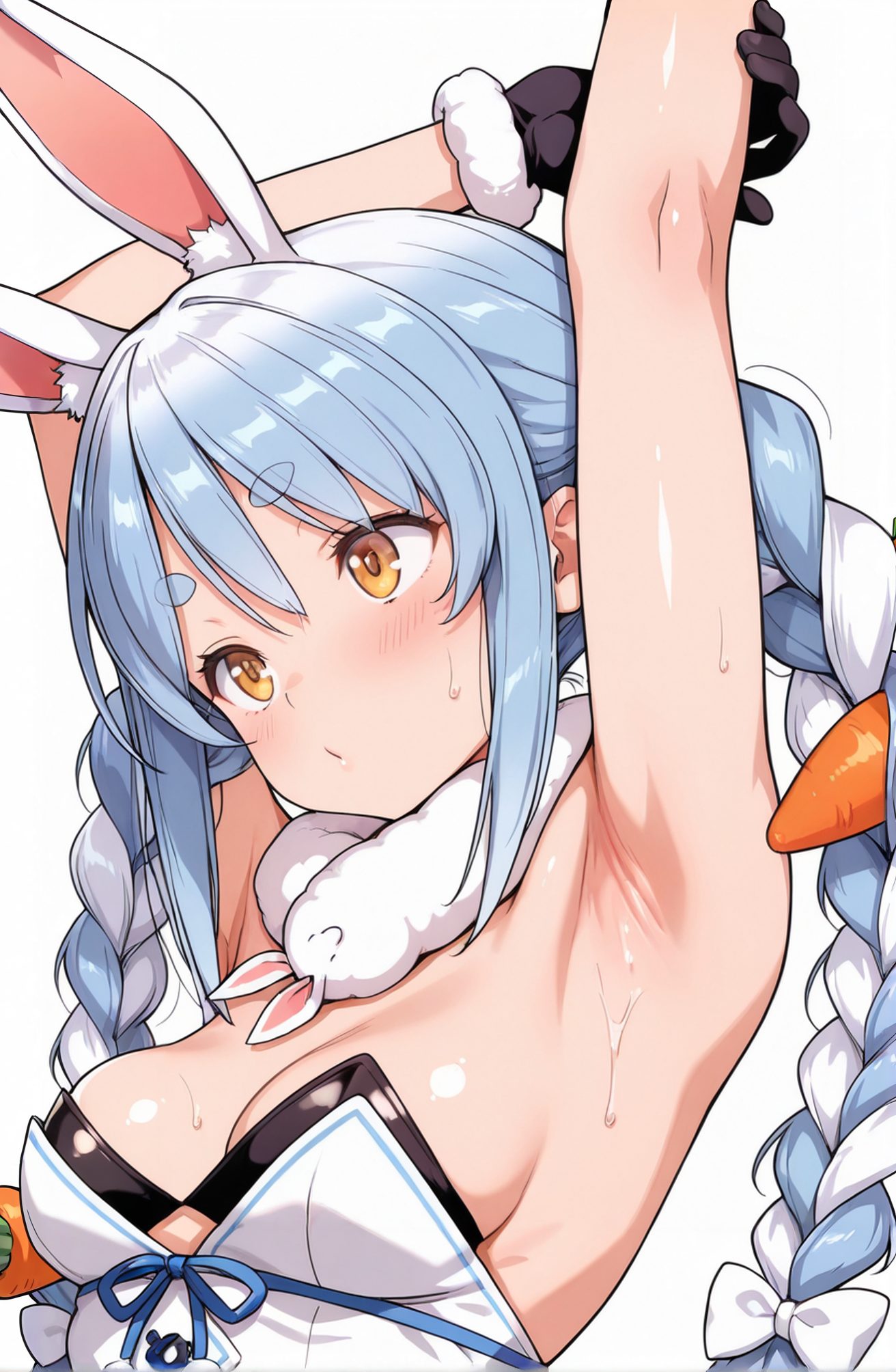 sensitive, 1girl, solo, long_hair, breasts, blush, bangs, simple_background, hair_ornament, gloves, white_background, dress, animal_ears, cleavage, twintails, medium_breasts, closed_mouth, blue_hair, upper_body, braid, white_hair, multicolored_hair, sweat, small_breasts, black_gloves, virtual_youtuber, armpits, white_dress, rabbit_ears, twin_braids, arms_up, two-tone_hair, orange_eyes, animal_ear_fluff, fur_trim, strapless, thick_eyebrows, rabbit_girl, food-themed_hair_ornament, fur-trimmed_gloves, carrot_hair_ornament, fur_scarf, usada_pekora, don-chan_(usada_pekora), 長い髪, 赤面, 前髪, 髪飾り, 手袋, 動物耳, ツインテール, 中くらいの胸, 口閉じ, 青髪, 白髪, 多色髪, 汗, 小さな胸, 黒手袋, バーチャルYouTuber, うさ耳, ツインブレイド, 兎田ぺこら, ok, 兎田ぺこら_posted