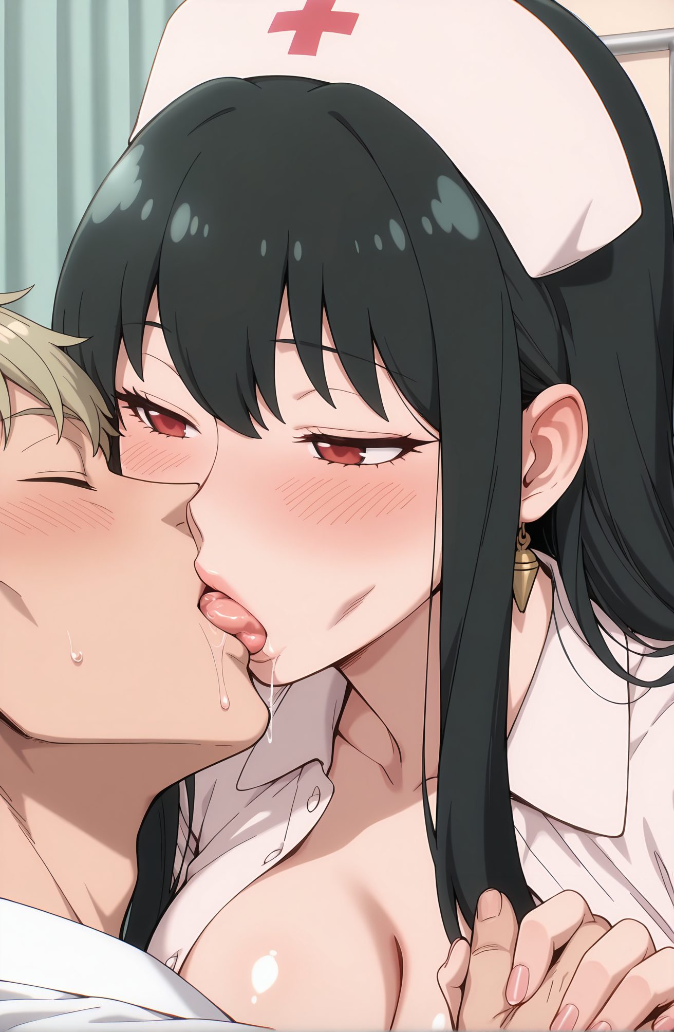 questionable, 1girl, long_hair, breasts, blush, bangs, blonde_hair, large_breasts, shirt, black_hair, red_eyes, 1boy, hat, cleavage, jewelry, closed_eyes, white_shirt, hetero, sidelocks, hairband, earrings, open_clothes, tongue, tongue_out, saliva, holding_hands, half-closed_eyes, kiss, nurse_cap, nurse, french_kiss, yor_briar, twilight_(spy_x_family), 長い髪, 赤面, 前髪, 金髪, 大きな胸, シャツ, 黒髪, 赤い目, 帽子, ジュエリー, 白シャツ, サイドロック, ヘアバンド, イヤリング, 衣服開く, 舌出し, よだれ, 手を繋ぐ, ヨル・ブライア, ロイド・フォージャー