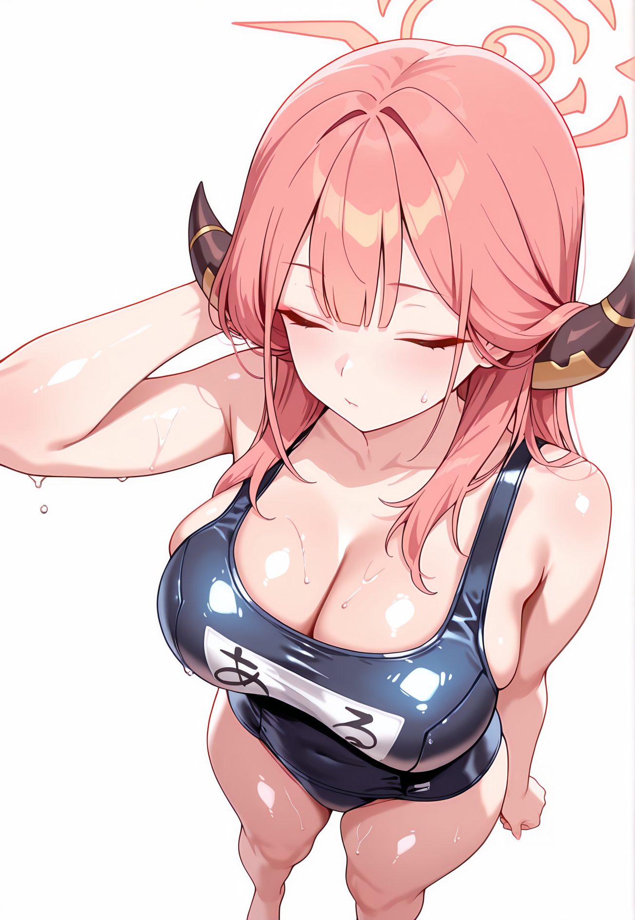 rikuhachima aru, sensitive, 1girl, solo, long_hair, breasts, blush, bangs, large_breasts, simple_background, white_background, cleavage, bare_shoulders, closed_mouth, standing, collarbone, swimsuit, closed_eyes, pink_hair, thighs, horns, barefoot, arm_up, wet, one-piece_swimsuit, bare_legs, covered_navel, skindentation, from_above, halo, school_swimsuit, blue_one-piece_swimsuit, aru_(blue_archive), 予備