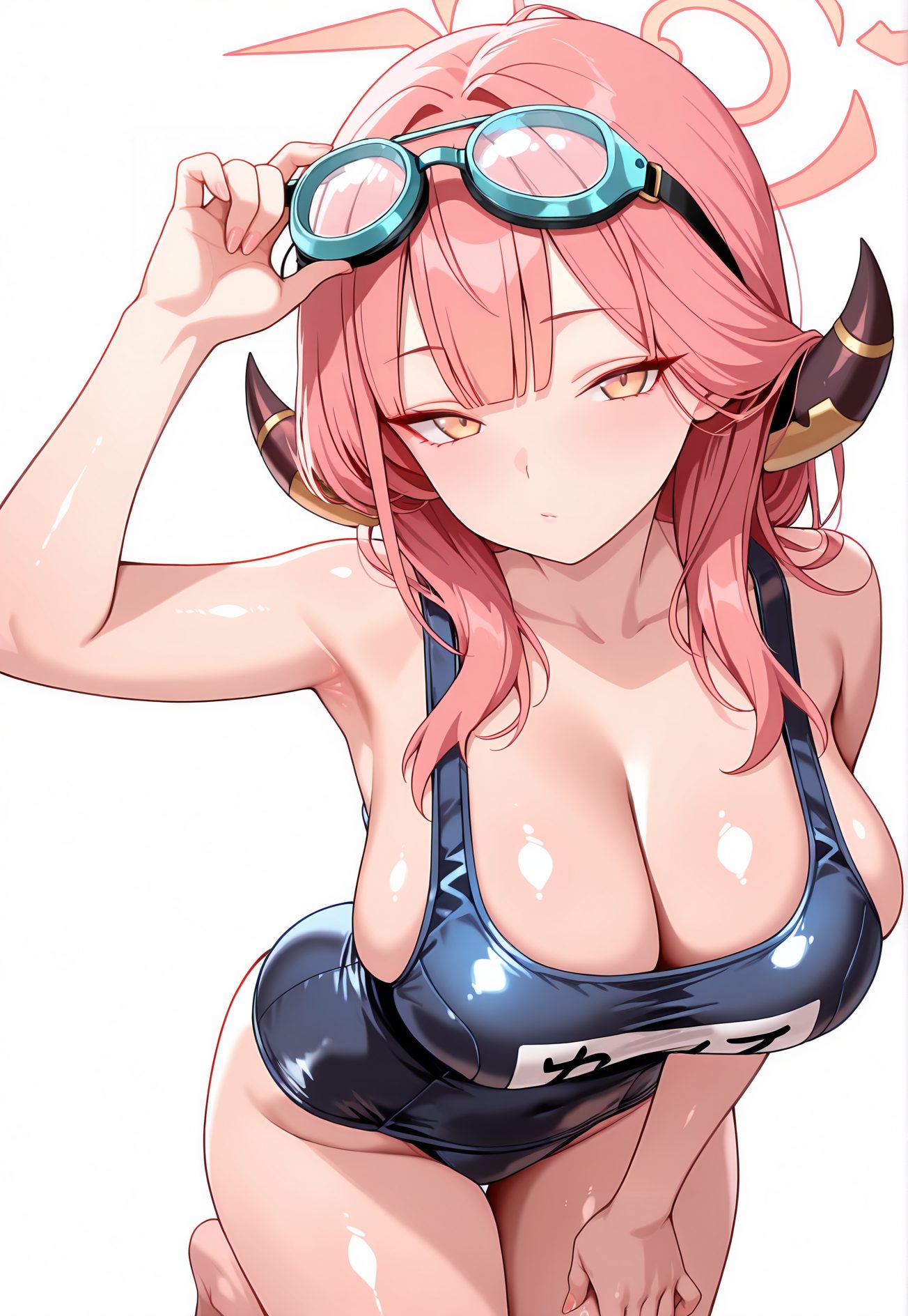 rikuhachima aru, sensitive, 1girl, solo, long_hair, breasts, looking_at_viewer, blush, bangs, large_breasts, simple_background, white_background, cleavage, bare_shoulders, closed_mouth, collarbone, swimsuit, yellow_eyes, pink_hair, thighs, horns, barefoot, shiny, armpits, arm_up, one-piece_swimsuit, shiny_skin, bare_arms, covered_navel, skindentation, halo, school_swimsuit, goggles, goggles_on_head, blue_one-piece_swimsuit, hand_on_own_thigh, aru_(blue_archive), 予備