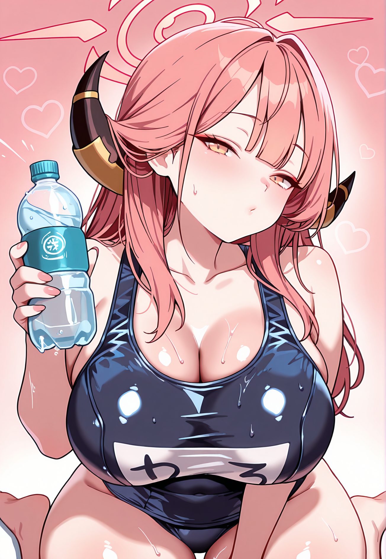 rikuhachima aru, sensitive, 1girl, solo, long_hair, breasts, looking_at_viewer, blush, bangs, large_breasts, holding, cleavage, bare_shoulders, sitting, collarbone, swimsuit, yellow_eyes, pink_hair, heart, horns, barefoot, wet, one-piece_swimsuit, covered_navel, halo, wariza, school_swimsuit, bottle, blue_one-piece_swimsuit, holding_bottle, water_bottle, aru_(blue_archive), 予備