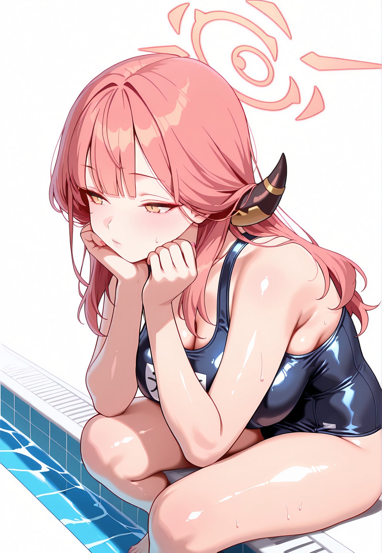 rikuhachima aru, sensitive, 1girl, solo, long_hair, breasts, blush, bangs, large_breasts, simple_background, white_background, cleavage, bare_shoulders, sitting, closed_mouth, swimsuit, yellow_eyes, pink_hair, thighs, horns, barefoot, shiny, water, sweatdrop, wet, one-piece_swimsuit, shiny_skin, bare_arms, bare_legs, skindentation, halo, school_swimsuit, shiny_clothes, head_rest, blue_one-piece_swimsuit, pool, hands_on_own_face, soaking_feet, poolside, aru_(blue_archive), 予備