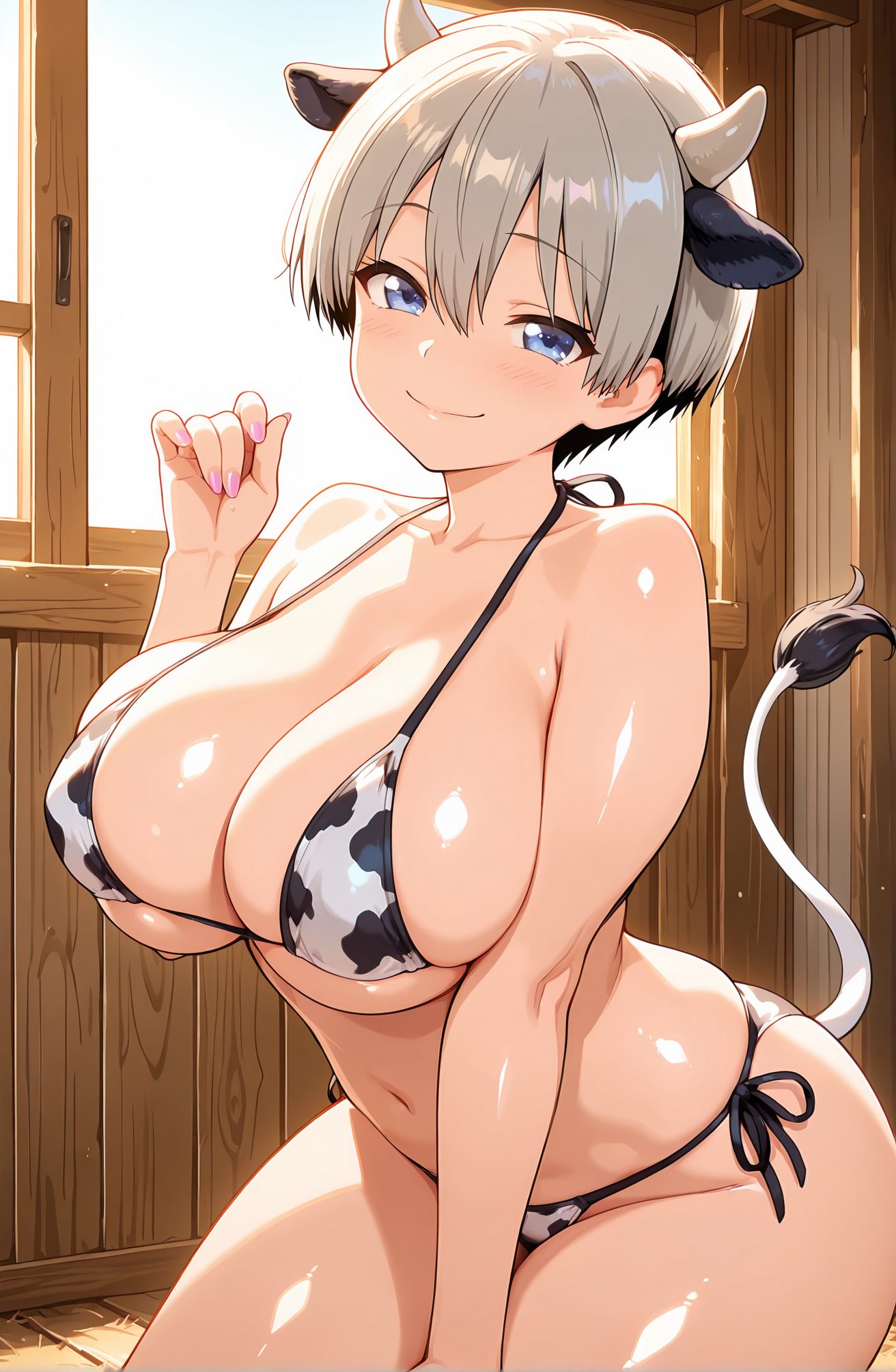 sensitive, 1girl, solo, breasts, looking_at_viewer, blush, smile, short_hair, bangs, blue_eyes, large_breasts, navel, animal_ears, cleavage, hair_between_eyes, bare_shoulders, closed_mouth, collarbone, tail, swimsuit, grey_hair, bikini, thighs, horns, shiny, indoors, hand_up, nail_polish, shiny_skin, skindentation, side-tie_bikini_bottom, animal_print, string_bikini, pink_nails, cow_print, cow_ears, cow_horns, cow_girl, cow_tail, uzaki_hana, 赤面, 笑顔, 短い髪, 前髪, 青い目, 大きな胸, 動物耳, 目にかかる髪, 肩出し, 口閉じ, 鎖骨, 水着, 灰髪, ビキニ, 光沢, 光沢肌, ストリングビキニ, 牛柄, 宇崎花