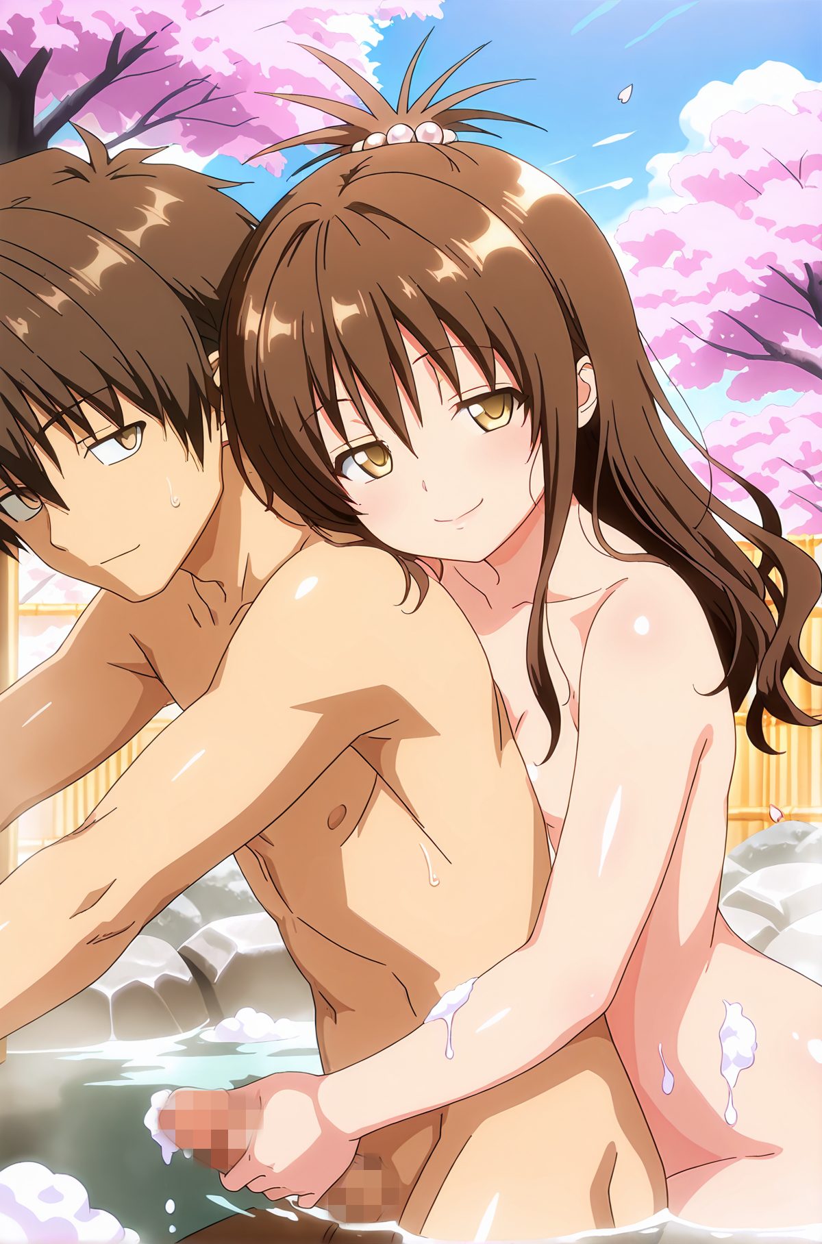explicit, 1girl, long_hair, breasts, looking_at_viewer, blush, smile, short_hair, brown_hair, hair_ornament, 1boy, brown_eyes, yellow_eyes, hetero, nude, small_breasts, outdoors, sky, penis, day, water, tree, completely_nude, hug, uncensored, siblings, erection, cherry_blossoms, handjob, hug_from_behind, brother_and_sister, onsen, incest, mixed_bathing, reach-around, yuuki_mikan, 長い髪, 赤面, 笑顔, 短い髪, 茶髪, 髪飾り, 裸, 小さな胸, 完全裸, 無修正, 手コキ, 混浴, 結城美柑