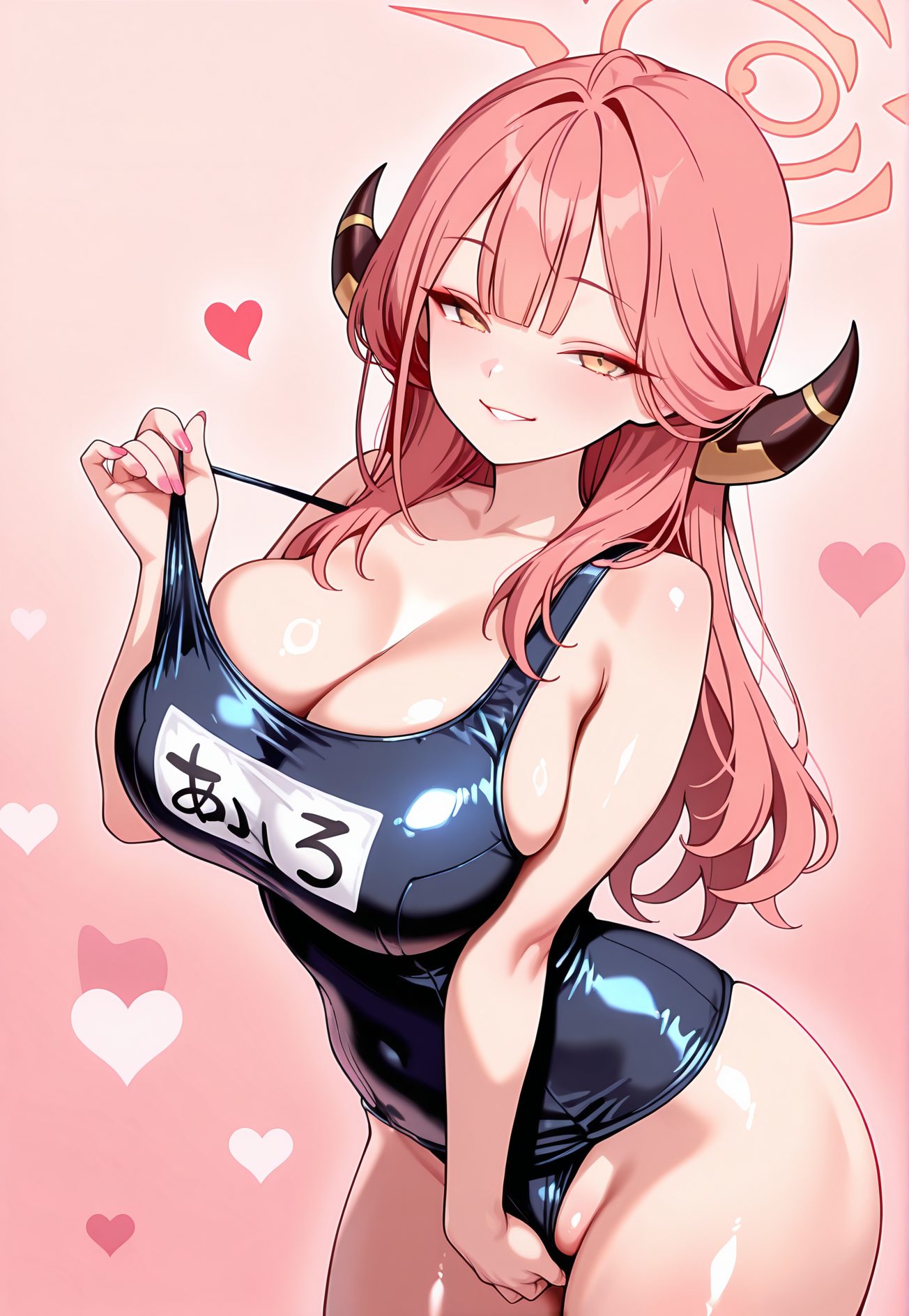rikuhachima aru, questionable, 1girl, solo, long_hair, breasts, looking_at_viewer, blush, smile, bangs, large_breasts, cleavage, bare_shoulders, collarbone, swimsuit, yellow_eyes, pink_hair, heart, thighs, horns, shiny, grin, one-piece_swimsuit, covered_navel, skindentation, halo, clothes_pull, pink_background, school_swimsuit, demon_horns, blue_one-piece_swimsuit, name_tag, pulled_by_self, one-piece_swimsuit_pull, aru_(blue_archive), 予備