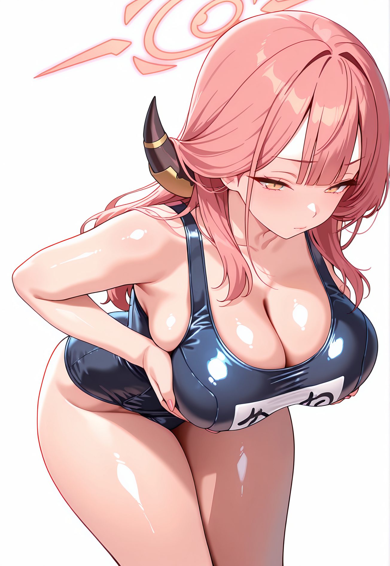 rikuhachima aru, sensitive, 1girl, solo, long_hair, breasts, blush, bangs, large_breasts, simple_background, white_background, cleavage, bare_shoulders, closed_mouth, collarbone, swimsuit, yellow_eyes, pink_hair, thighs, red_hair, horns, shiny, one-piece_swimsuit, shiny_skin, skindentation, leaning_forward, halo, school_swimsuit, breast_hold, blue_one-piece_swimsuit, aru_(blue_archive), 予備
