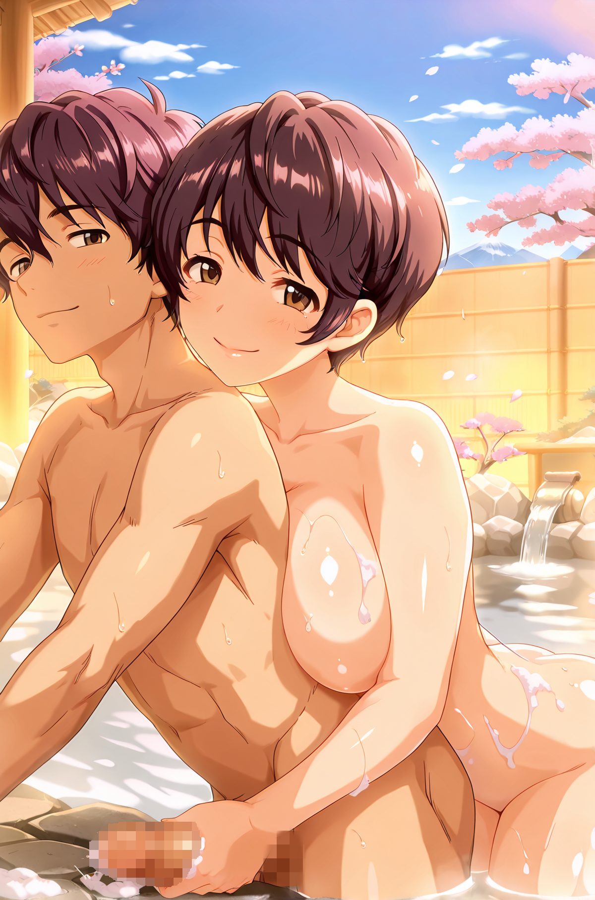 explicit, 1girl, breasts, looking_at_viewer, blush, smile, short_hair, large_breasts, brown_hair, 1boy, brown_eyes, collarbone, hetero, nude, outdoors, sky, penis, day, cum, water, tree, blue_sky, wet, uncensored, erection, cherry_blossoms, breast_press, handjob, onsen, mixed_bathing, reach-around, oikawa_shizuku, 赤面, 笑顔, 短い髪, 大きな胸, 茶髪, 鎖骨, 裸, 精液, 無修正, パイズリ, 手コキ, 混浴, 及川雫, ok