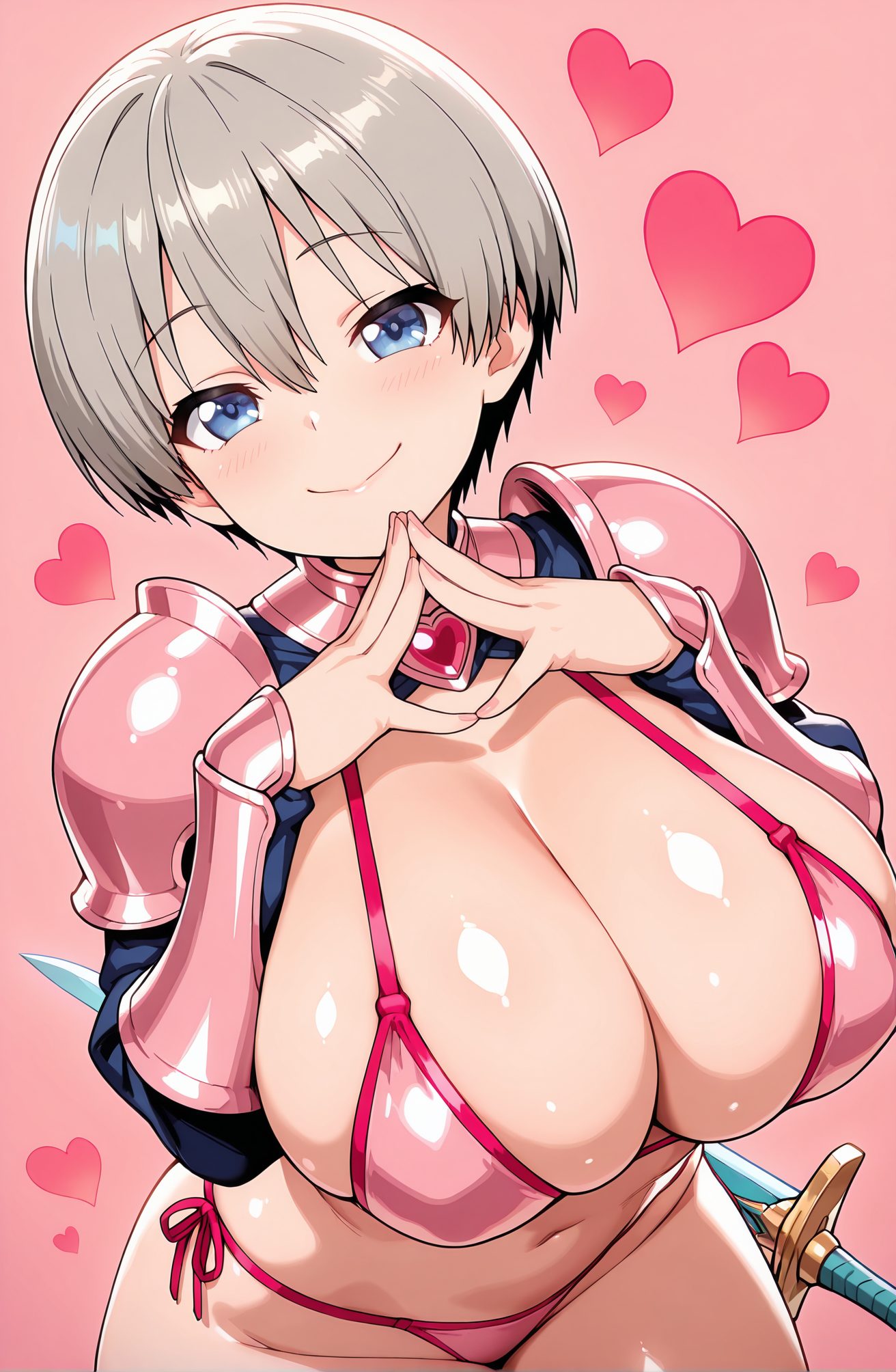 sensitive, 1girl, solo, breasts, looking_at_viewer, blush, smile, short_hair, bangs, blue_eyes, large_breasts, navel, cleavage, hair_between_eyes, closed_mouth, swimsuit, weapon, grey_hair, heart, bikini, cowboy_shot, shiny, sword, armor, huge_breasts, shiny_skin, skindentation, side-tie_bikini_bottom, pink_background, shoulder_armor, string_bikini, pauldrons, pink_bikini, bikini_armor, uzaki_hana, 赤面, 笑顔, 短い髪, 前髪, 青い目, 大きな胸, 目にかかる髪, 口閉じ, 水着, 灰髪, ビキニ, 光沢, 巨大な胸, 光沢肌, ストリングビキニ, 宇崎花