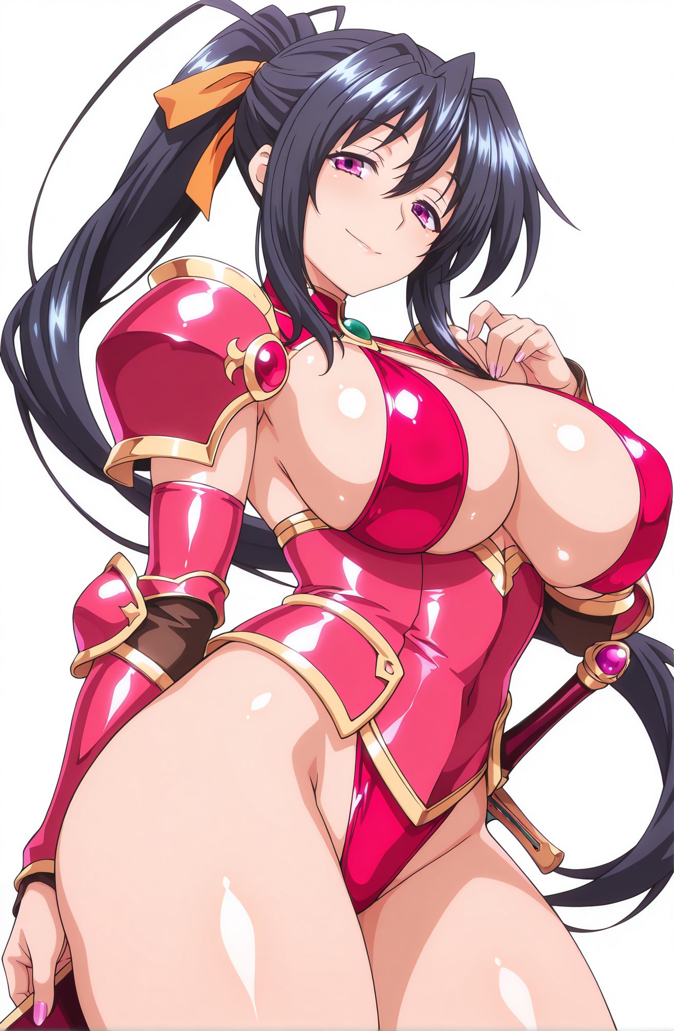 sensitive, 1girl, solo, long_hair, breasts, looking_at_viewer, smile, large_breasts, simple_background, black_hair, white_background, ribbon, cleavage, very_long_hair, closed_mouth, purple_eyes, hair_ribbon, ponytail, weapon, thighs, cowboy_shot, shiny, sword, nail_polish, armor, leotard, shiny_skin, covered_navel, highleg, shoulder_armor, pink_nails, highleg_leotard, pauldrons, red_leotard, orange_ribbon, himejima_akeno, 長い髪, 笑顔, 大きな胸, 黒髪, リボン, とても長い髪, 口閉じ, 髪リボン, ポニーテール, 光沢, レオタード, 光沢肌, ハイレグレオタード, 姫島朱乃