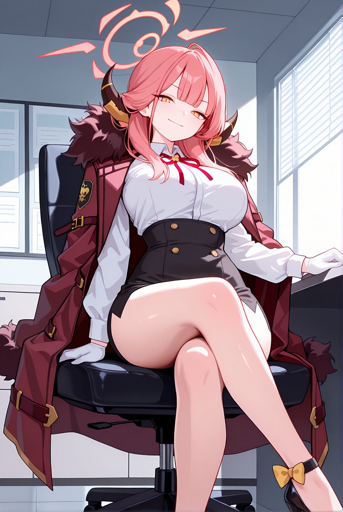 rikuhachima aru, sensitive, 1girl, solo, long_hair, breasts, looking_at_viewer, smile, bangs, skirt, large_breasts, shirt, gloves, long_sleeves, ribbon, sitting, closed_mouth, yellow_eyes, white_shirt, pink_hair, thighs, horns, collared_shirt, indoors, white_gloves, black_skirt, black_footwear, high_heels, red_ribbon, coat, legs, fur_trim, bare_legs, neck_ribbon, halo, chair, crossed_legs, pencil_skirt, high-waist_skirt, shirt_tucked_in, fur-trimmed_coat, red_coat, office_chair, coat_on_shoulders, aru_(blue_archive), 長い髪, 笑顔, 前髪, スカート, 大きな胸, シャツ, 手袋, リボン, 座り, 口閉じ, 白シャツ, ピンク髪, 赤リボン, ペンシルスカート, ハイウエストスカート, 予備