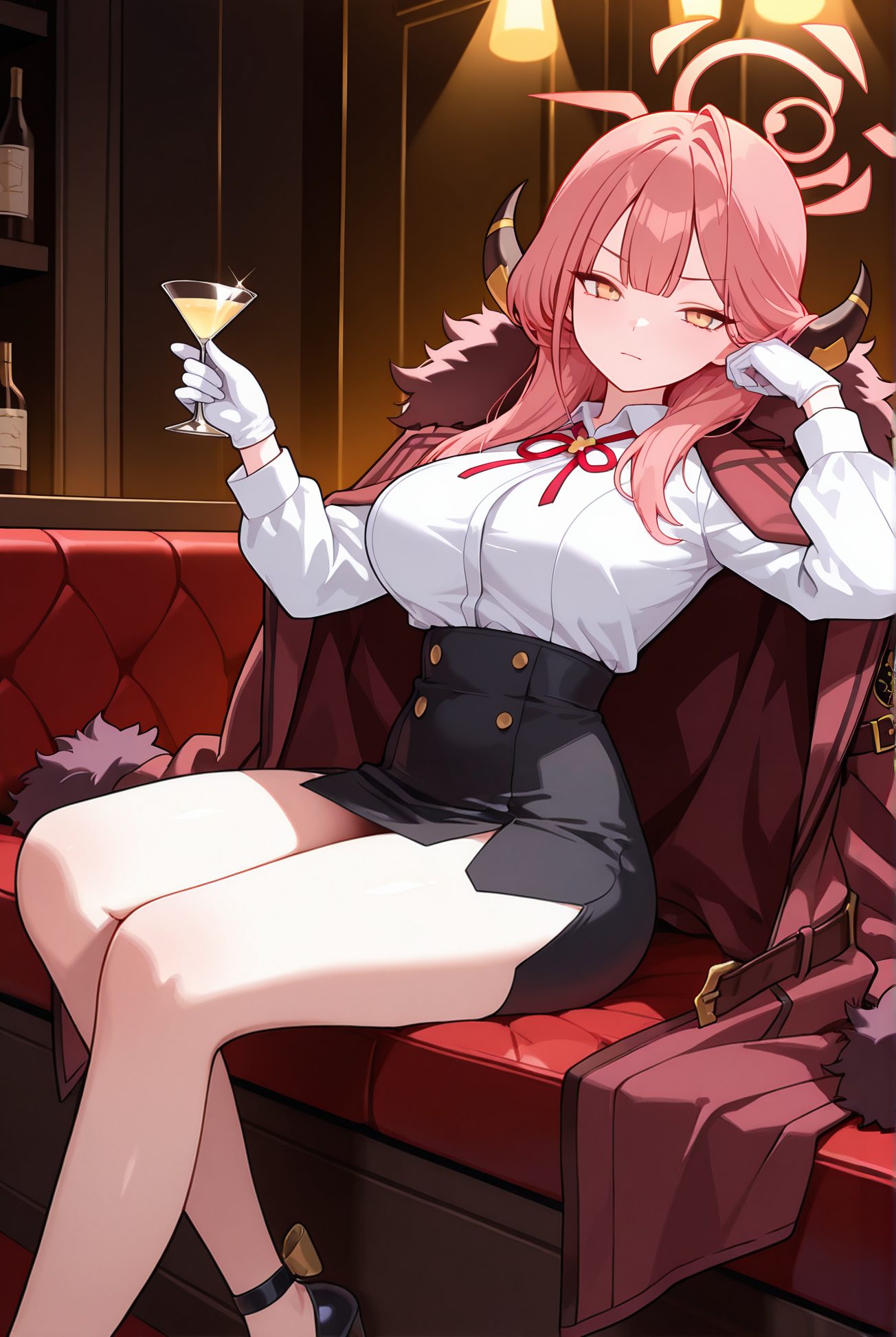 rikuhachima aru, sensitive, 1girl, solo, long_hair, breasts, looking_at_viewer, bangs, skirt, large_breasts, shirt, gloves, long_sleeves, ribbon, holding, sitting, closed_mouth, yellow_eyes, white_shirt, pink_hair, thighs, horns, collared_shirt, indoors, white_gloves, miniskirt, black_skirt, black_footwear, high_heels, red_ribbon, cup, coat, legs, fur_trim, bare_legs, neck_ribbon, feet_out_of_frame, halo, couch, holding_cup, side_slit, alcohol, drinking_glass, pencil_skirt, high-waist_skirt, shirt_tucked_in, wine_glass, fur-trimmed_coat, red_coat, coat_on_shoulders, aru_(blue_archive), 長い髪, 前髪, スカート, 大きな胸, シャツ, 手袋, リボン, 座り, 口閉じ, 白シャツ, ピンク髪, ミニスカート, 赤リボン, ペンシルスカート, ハイウエストスカート, 予備
