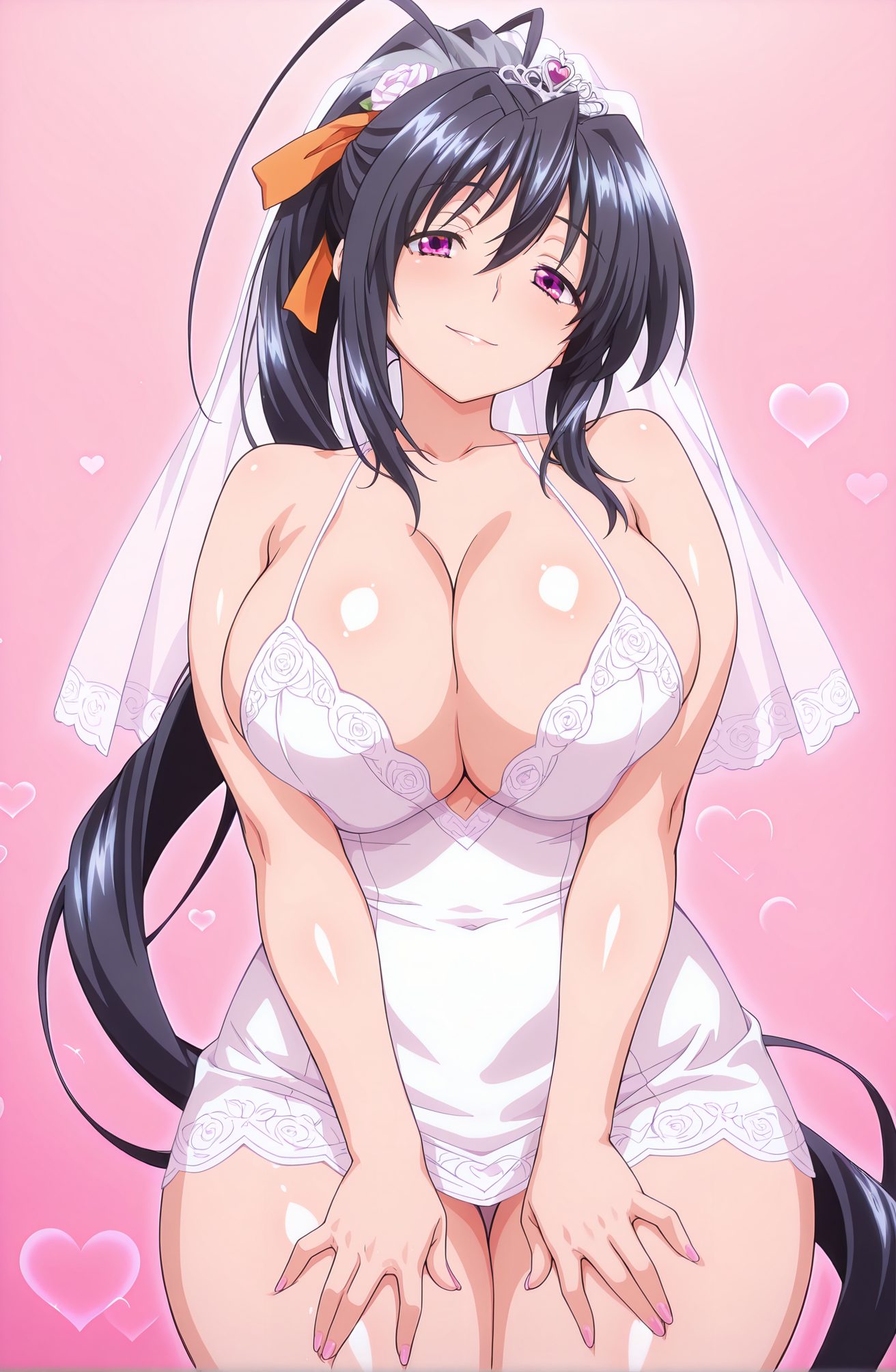 sensitive, 1girl, solo, long_hair, breasts, looking_at_viewer, blush, smile, large_breasts, black_hair, hair_ornament, dress, ribbon, cleavage, hair_between_eyes, bare_shoulders, very_long_hair, purple_eyes, collarbone, hair_ribbon, ponytail, flower, heart, thighs, parted_lips, shiny, white_dress, huge_breasts, shiny_skin, tiara, veil, wedding_dress, bridal_veil, orange_ribbon, himejima_akeno, 長い髪, 赤面, 笑顔, 大きな胸, 黒髪, 髪飾り, リボン, 目にかかる髪, 肩出し, とても長い髪, 鎖骨, 髪リボン, ポニーテール, 光沢, 巨大な胸, 光沢肌, 姫島朱乃