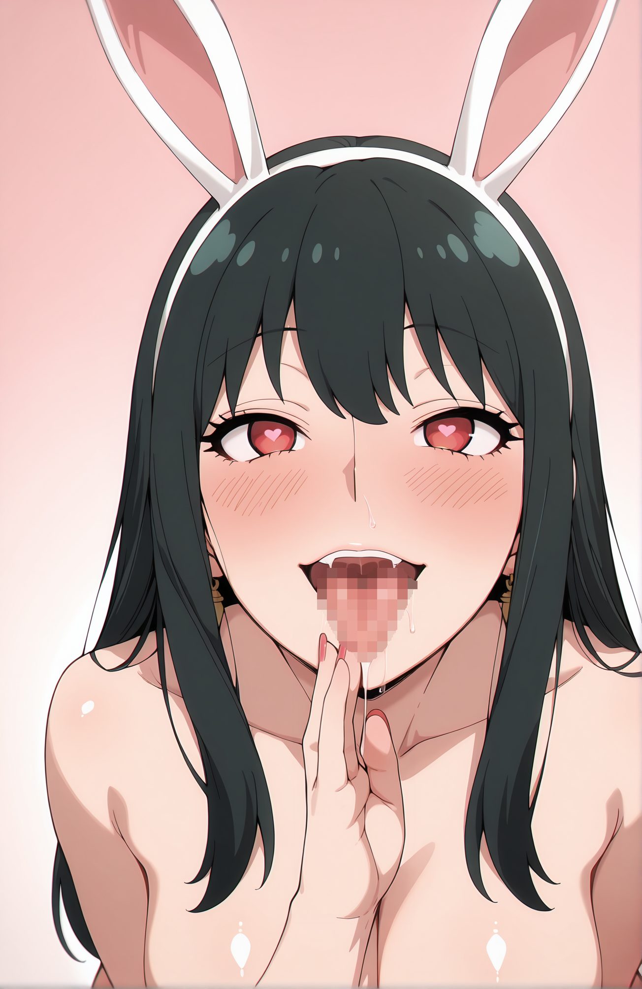 questionable, 1girl, solo, long_hair, breasts, looking_at_viewer, blush, smile, open_mouth, bangs, large_breasts, black_hair, red_eyes, animal_ears, jewelry, collarbone, upper_body, heart, nude, hairband, earrings, teeth, tongue, tongue_out, nail_polish, rabbit_ears, symbol-shaped_pupils, completely_nude, saliva, fake_animal_ears, heart-shaped_pupils, white_hairband, fellatio_gesture, oral_invitation, yor_briar, 長い髪, 赤面, 笑顔, 口開き, 前髪, 大きな胸, 黒髪, 赤い目, 動物耳, ジュエリー, 鎖骨, 裸, ヘアバンド, イヤリング, 舌出し, うさ耳, 完全裸, よだれ, 偽動物耳, ハート目, ヨル・ブライア