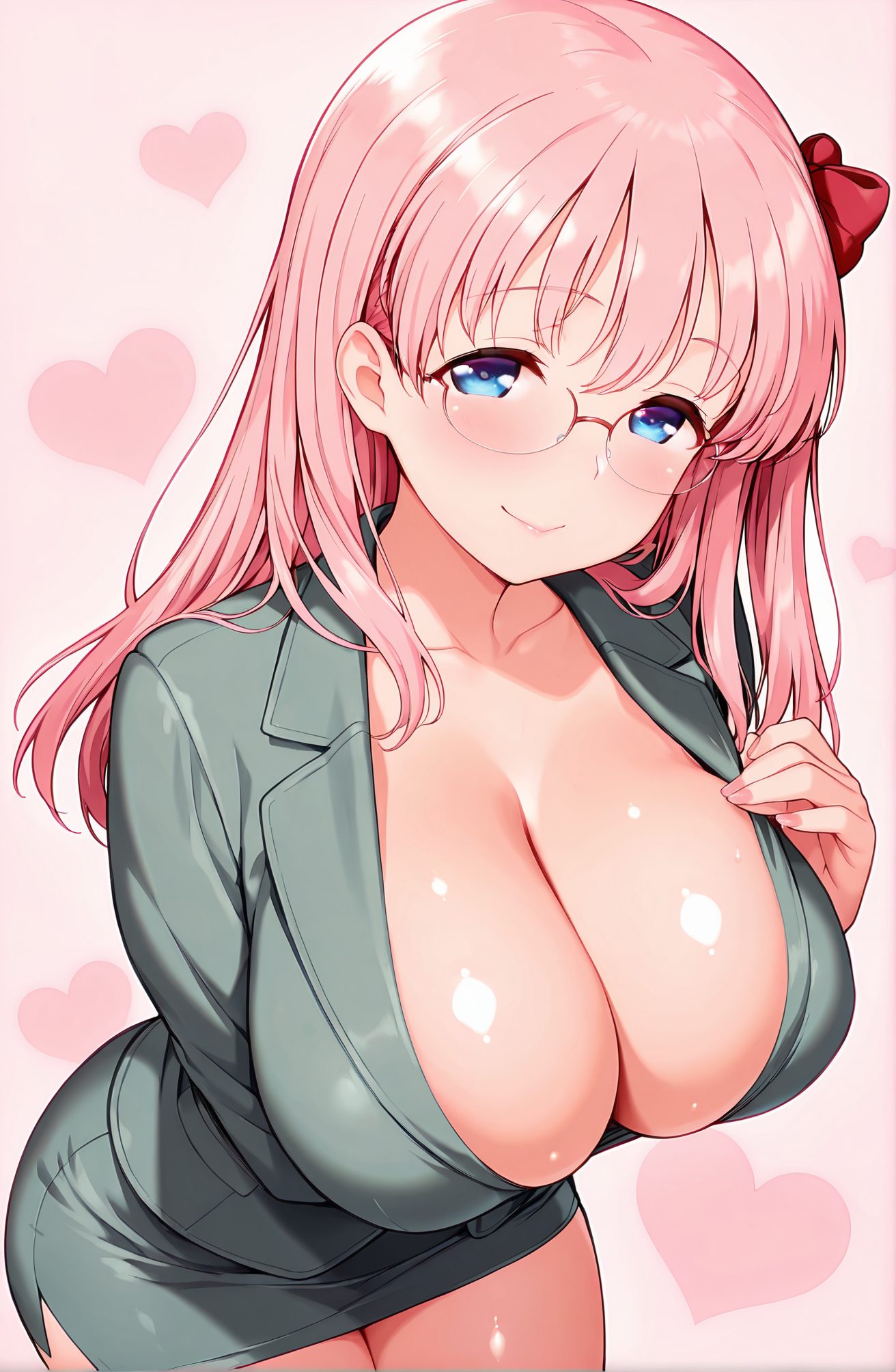 sensitive, 1girl, solo, long_hair, breasts, looking_at_viewer, blush, smile, bangs, blue_eyes, skirt, long_sleeves, bow, cleavage, closed_mouth, collarbone, jacket, pink_hair, hair_bow, heart, glasses, shiny, miniskirt, huge_breasts, red_bow, shiny_skin, leaning_forward, pink_background, pink_nails, pencil_skirt, haramura_nodoka, 長い髪, 赤面, 笑顔, 前髪, 青い目, スカート, ボウ, 口閉じ, 鎖骨, ピンク髪, 髪ボウ, 光沢, ミニスカート, 巨大な胸, 赤リボン, 光沢肌, ペンシルスカート, 原村和, 原村和_posted