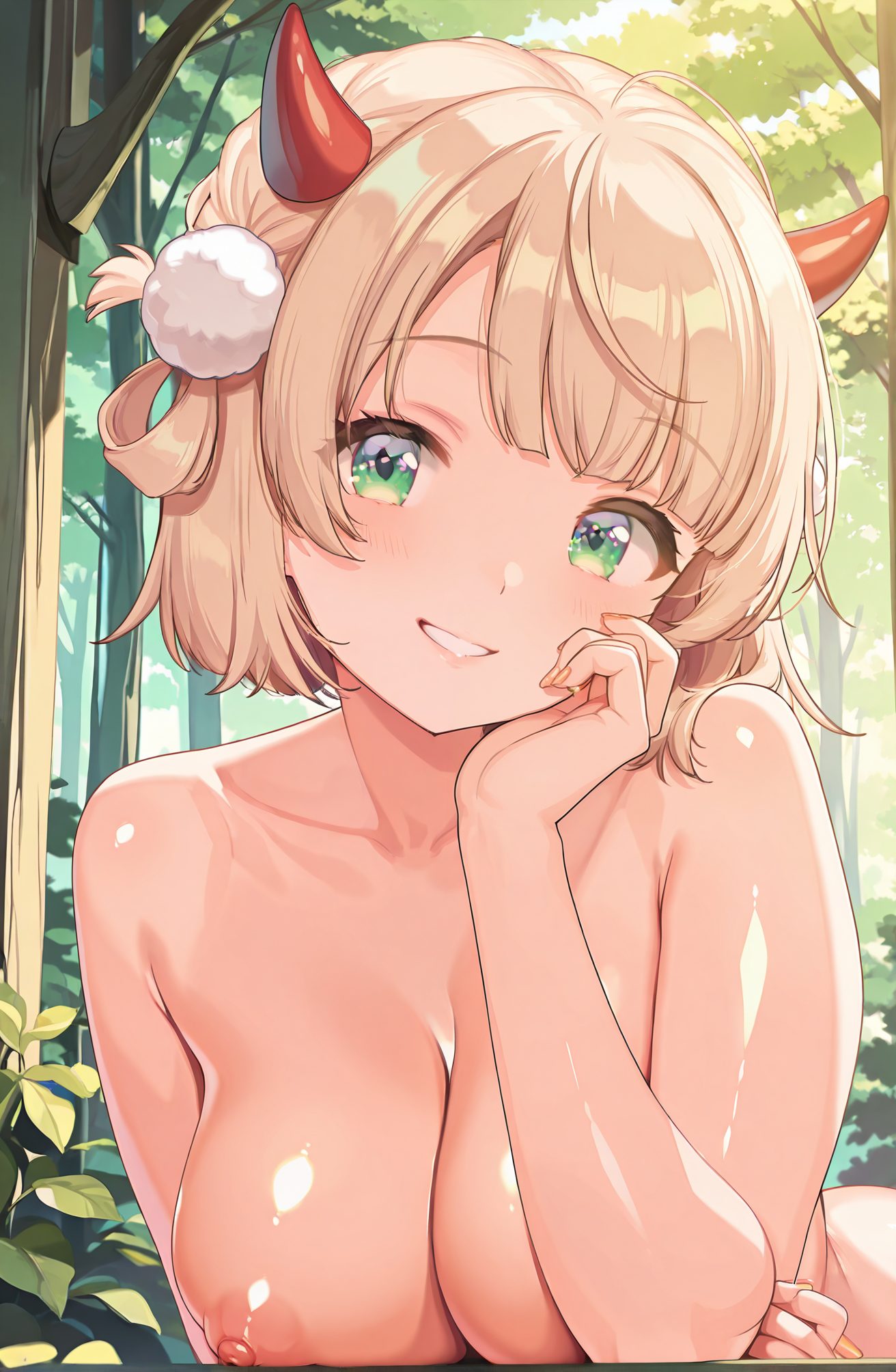 questionable, 1girl, solo, breasts, looking_at_viewer, blush, smile, short_hair, bangs, blonde_hair, large_breasts, hair_ornament, nipples, green_eyes, collarbone, upper_body, braid, nude, outdoors, horns, day, virtual_youtuber, grin, tree, completely_nude, light_brown_hair, demon_horns, nature, pom_pom_(clothes), forest, hair_rings, pom_pom_hair_ornament, 赤面, 笑顔, 短い髪, 前髪, 金髪, 大きな胸, 髪飾り, 乳首, 緑の目, 鎖骨, 裸, バーチャルYouTuber, 完全裸, しぐれうい