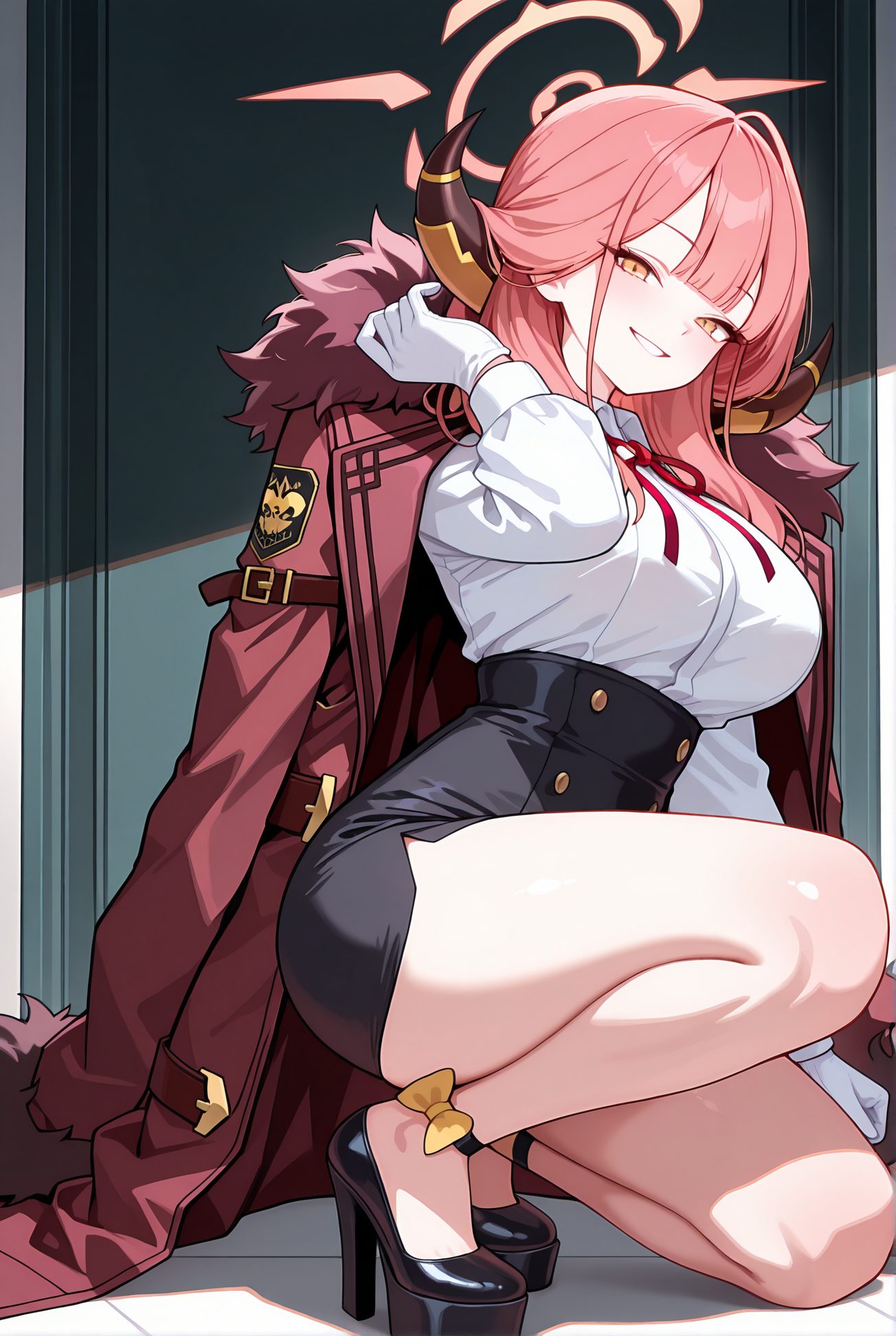 rikuhachima aru, sensitive, 1girl, solo, long_hair, breasts, looking_at_viewer, blush, smile, bangs, skirt, large_breasts, shirt, gloves, long_sleeves, bow, ribbon, yellow_eyes, white_shirt, pink_hair, thighs, horns, collared_shirt, white_gloves, black_skirt, black_footwear, grin, high_heels, red_ribbon, coat, orange_eyes, legs, fur_trim, bare_legs, neck_ribbon, halo, squatting, pencil_skirt, high-waist_skirt, shirt_tucked_in, fur-trimmed_coat, red_coat, coat_on_shoulders, strappy_heels, aru_(blue_archive), 長い髪, 赤面, 笑顔, 前髪, スカート, 大きな胸, シャツ, 手袋, ボウ, リボン, 白シャツ, ピンク髪, 赤リボン, ペンシルスカート, ハイウエストスカート, 予備