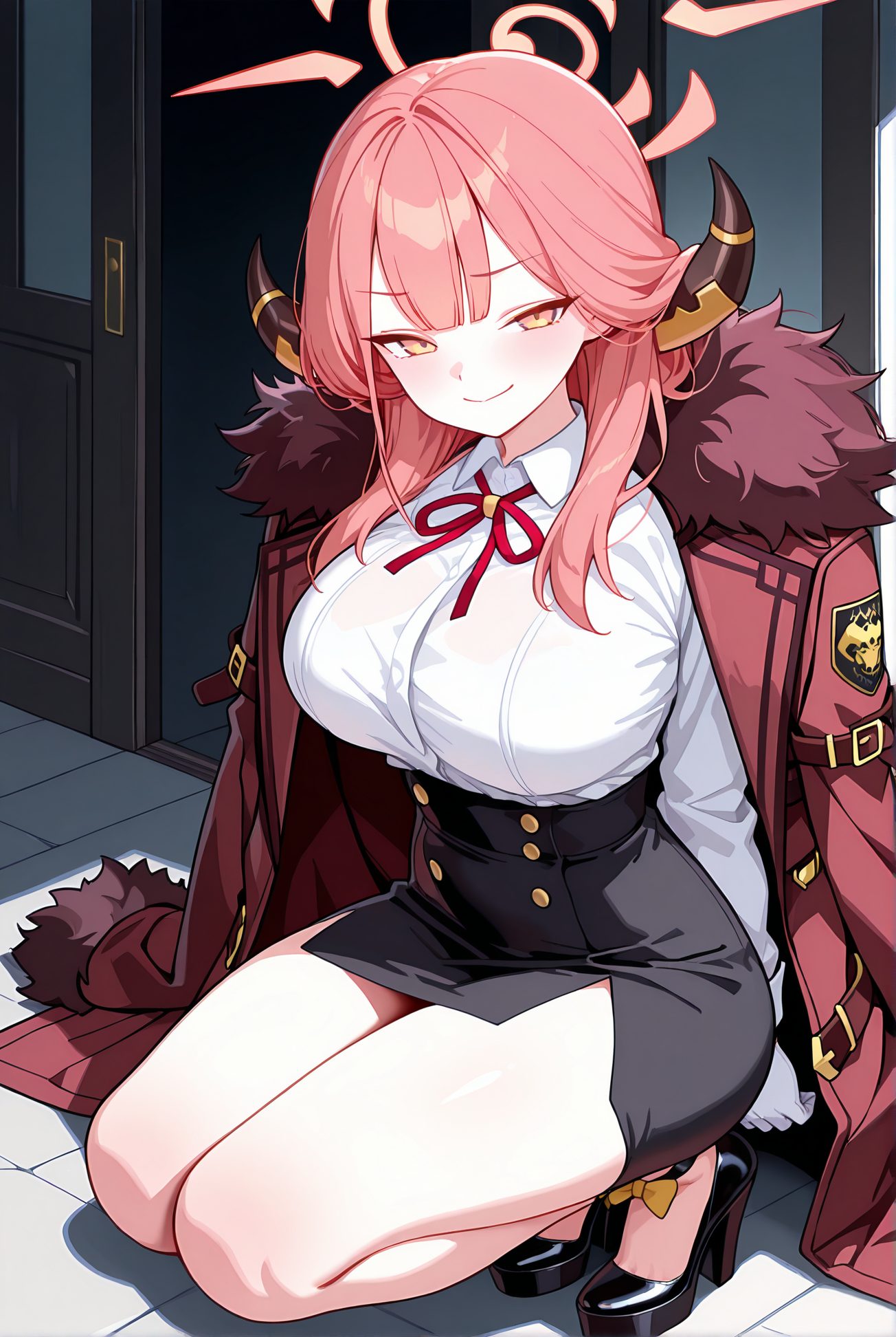 rikuhachima aru, sensitive, 1girl, solo, long_hair, breasts, looking_at_viewer, blush, smile, bangs, skirt, large_breasts, shirt, gloves, long_sleeves, ribbon, closed_mouth, yellow_eyes, white_shirt, pink_hair, thighs, horns, collared_shirt, white_gloves, miniskirt, black_skirt, black_footwear, high_heels, red_ribbon, coat, see-through, fur_trim, bare_legs, neck_ribbon, halo, squatting, pencil_skirt, high-waist_skirt, shirt_tucked_in, fur-trimmed_coat, red_coat, coat_on_shoulders, aru_(blue_archive), 長い髪, 赤面, 笑顔, 前髪, スカート, 大きな胸, シャツ, 手袋, リボン, 口閉じ, 白シャツ, ピンク髪, ミニスカート, 赤リボン, ペンシルスカート, ハイウエストスカート, 予備
