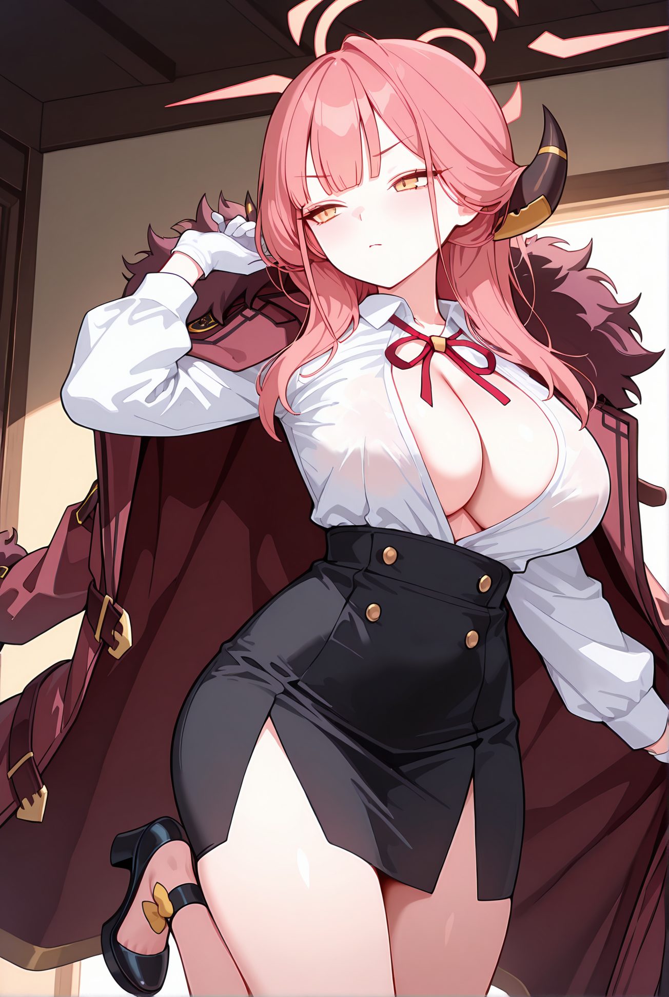 rikuhachima aru, sensitive, 1girl, solo, long_hair, breasts, blush, bangs, skirt, large_breasts, shirt, gloves, long_sleeves, ribbon, cleavage, closed_mouth, standing, yellow_eyes, white_shirt, pink_hair, thighs, open_clothes, horns, collared_shirt, white_gloves, hand_up, black_skirt, black_footwear, high_heels, red_ribbon, coat, looking_to_the_side, fur_trim, no_bra, neck_ribbon, halo, looking_away, standing_on_one_leg, side_slit, pencil_skirt, high-waist_skirt, shirt_tucked_in, fur-trimmed_coat, red_coat, coat_on_shoulders, aru_(blue_archive), 長い髪, 赤面, 前髪, スカート, 大きな胸, シャツ, 手袋, リボン, 口閉じ, 白シャツ, ピンク髪, 衣服開く, 赤リボン, ペンシルスカート, ハイウエストスカート, 予備