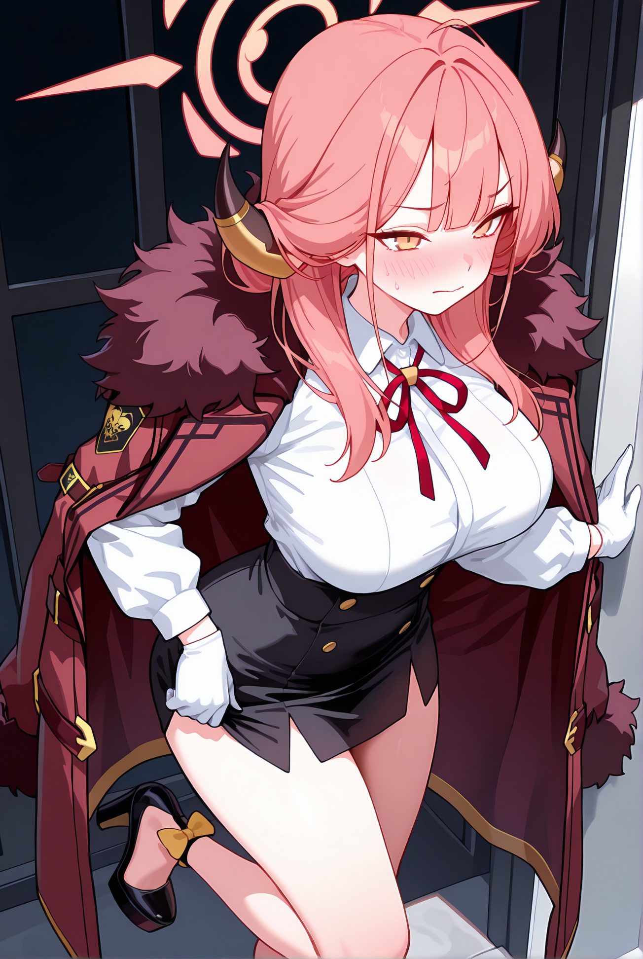 rikuhachima aru, sensitive, 1girl, solo, long_hair, breasts, blush, bangs, skirt, large_breasts, shirt, gloves, long_sleeves, ribbon, closed_mouth, standing, yellow_eyes, white_shirt, pink_hair, thighs, horns, collared_shirt, white_gloves, miniskirt, black_skirt, black_footwear, sweatdrop, high_heels, red_ribbon, coat, fur_trim, bare_legs, neck_ribbon, halo, leg_up, standing_on_one_leg, pencil_skirt, high-waist_skirt, fur-trimmed_coat, red_coat, coat_on_shoulders, aru_(blue_archive), 長い髪, 赤面, 前髪, スカート, 大きな胸, シャツ, 手袋, リボン, 口閉じ, 白シャツ, ピンク髪, ミニスカート, 汗滴, 赤リボン, ペンシルスカート, ハイウエストスカート, 予備
