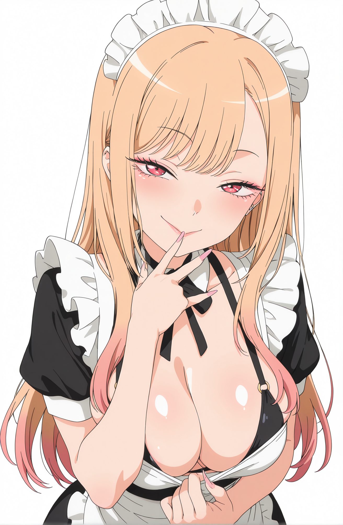 sensitive, 1girl, solo, long_hair, breasts, looking_at_viewer, blush, smile, bangs, blonde_hair, large_breasts, simple_background, red_eyes, white_background, dress, cleavage, closed_mouth, swimsuit, upper_body, short_sleeves, bikini, multicolored_hair, choker, apron, black_dress, maid, maid_headdress, gradient_hair, detached_collar, black_bikini, clothes_pull, piercing, ear_piercing, white_apron, pink_nails, maid_apron, enmaided, gyaru, seductive_smile, dress_pull, kitagawa_marin, 長い髪, 赤面, 笑顔, 前髪, 金髪, 大きな胸, 赤い目, 口閉じ, 水着, ビキニ, 多色髪, チョーカー, 喜多川海夢