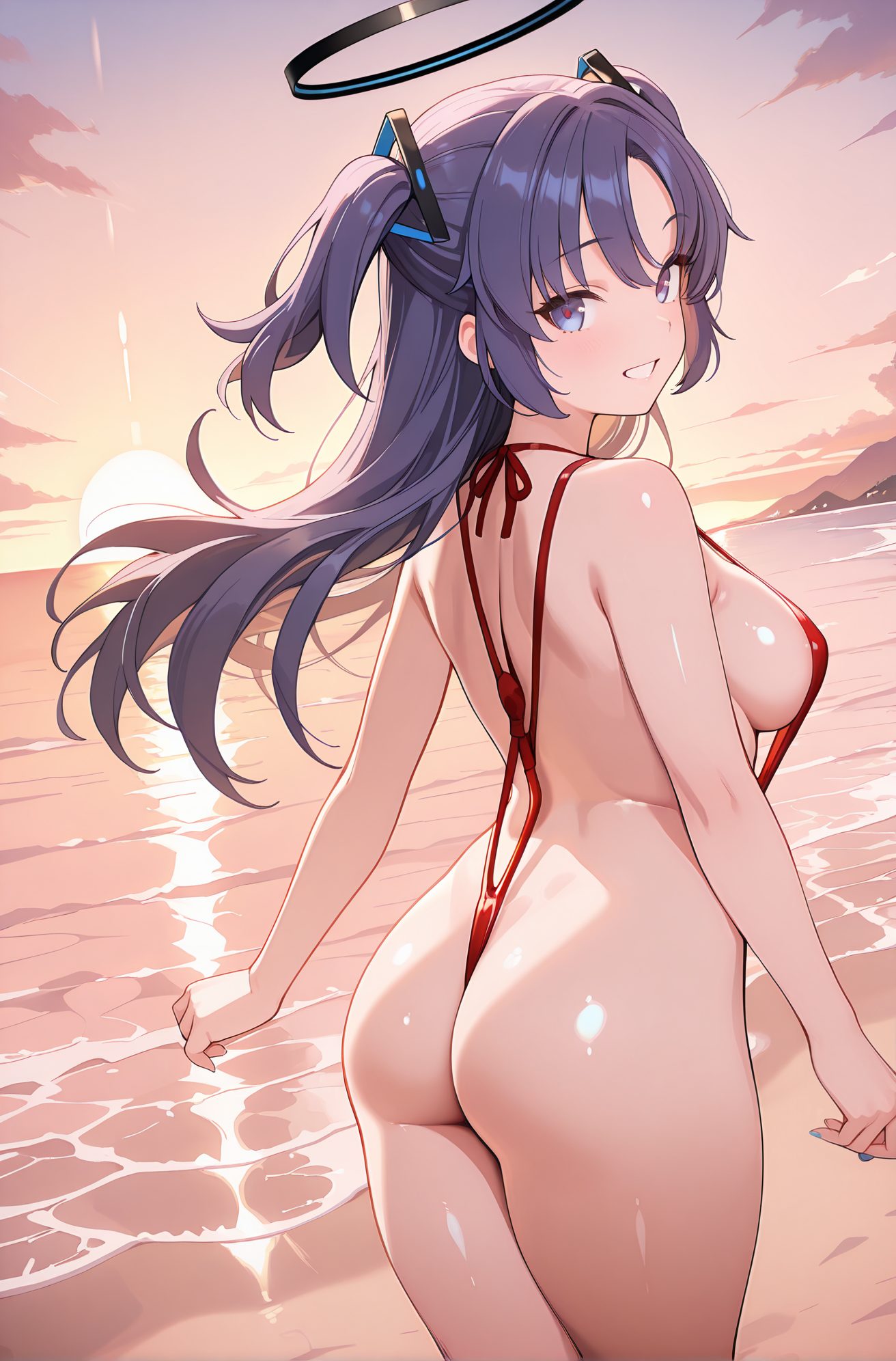 questionable, 1girl, solo, long_hair, breasts, looking_at_viewer, blush, smile, bangs, blue_eyes, large_breasts, bare_shoulders, medium_breasts, blue_hair, standing, purple_eyes, swimsuit, purple_hair, ass, thighs, cowboy_shot, outdoors, sky, looking_back, cloud, water, from_behind, nail_polish, grin, two_side_up, one-piece_swimsuit, shiny_skin, bare_arms, sideboob, ocean, back, halo, beach, sunset, strap_gap, slingshot_swimsuit, red_one-piece_swimsuit, yuuka_(blue_archive), 長い髪, 赤面, 笑顔, 前髪, 青い目, 大きな胸, 肩出し, 中くらいの胸, 青髪, 水着, 紫髪, 両側アップ, ワンピース水着, 光沢肌, ユウカ（ブルーアーカイブ）, ユウカ（ブルーアーカイブ）_posted