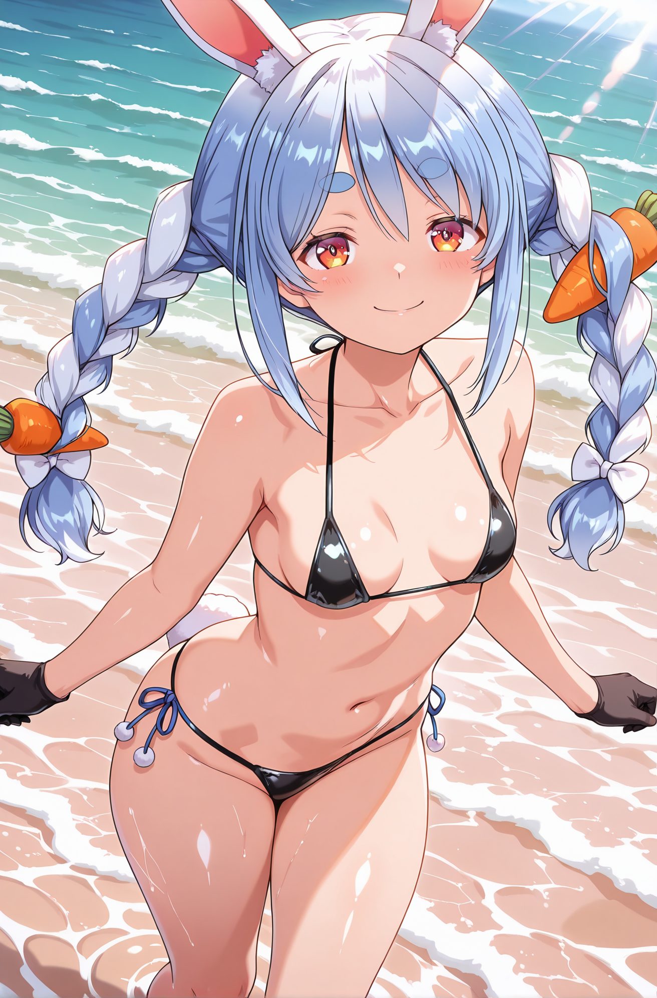 sensitive, 1girl, solo, long_hair, breasts, looking_at_viewer, blush, smile, bangs, hair_ornament, red_eyes, gloves, bow, navel, animal_ears, bare_shoulders, twintails, closed_mouth, blue_hair, standing, collarbone, tail, swimsuit, braid, white_hair, hair_bow, bikini, thighs, multicolored_hair, small_breasts, outdoors, day, black_gloves, virtual_youtuber, water, stomach, rabbit_ears, twin_braids, two-tone_hair, wet, orange_eyes, animal_ear_fluff, symbol-shaped_pupils, bare_arms, black_bikini, side-tie_bikini_bottom, ocean, halterneck, beach, thick_eyebrows, rabbit_tail, string_bikini, micro_bikini, short_eyebrows, rabbit_girl, food-themed_hair_ornament, carrot_hair_ornament, usada_pekora, 長い髪, 赤面, 笑顔, 前髪, 髪飾り, 赤い目, 手袋, ボウ, 動物耳, 肩出し, ツインテール, 口閉じ, 青髪, 鎖骨, 水着, 白髪, 髪ボウ, ビキニ, 多色髪, 小さな胸, 黒手袋, バーチャルYouTuber, うさ耳, ツインブレイド, ストリングビキニ, マイクロビキニ, 兎田ぺこら, ok, 兎田ぺこら_posted