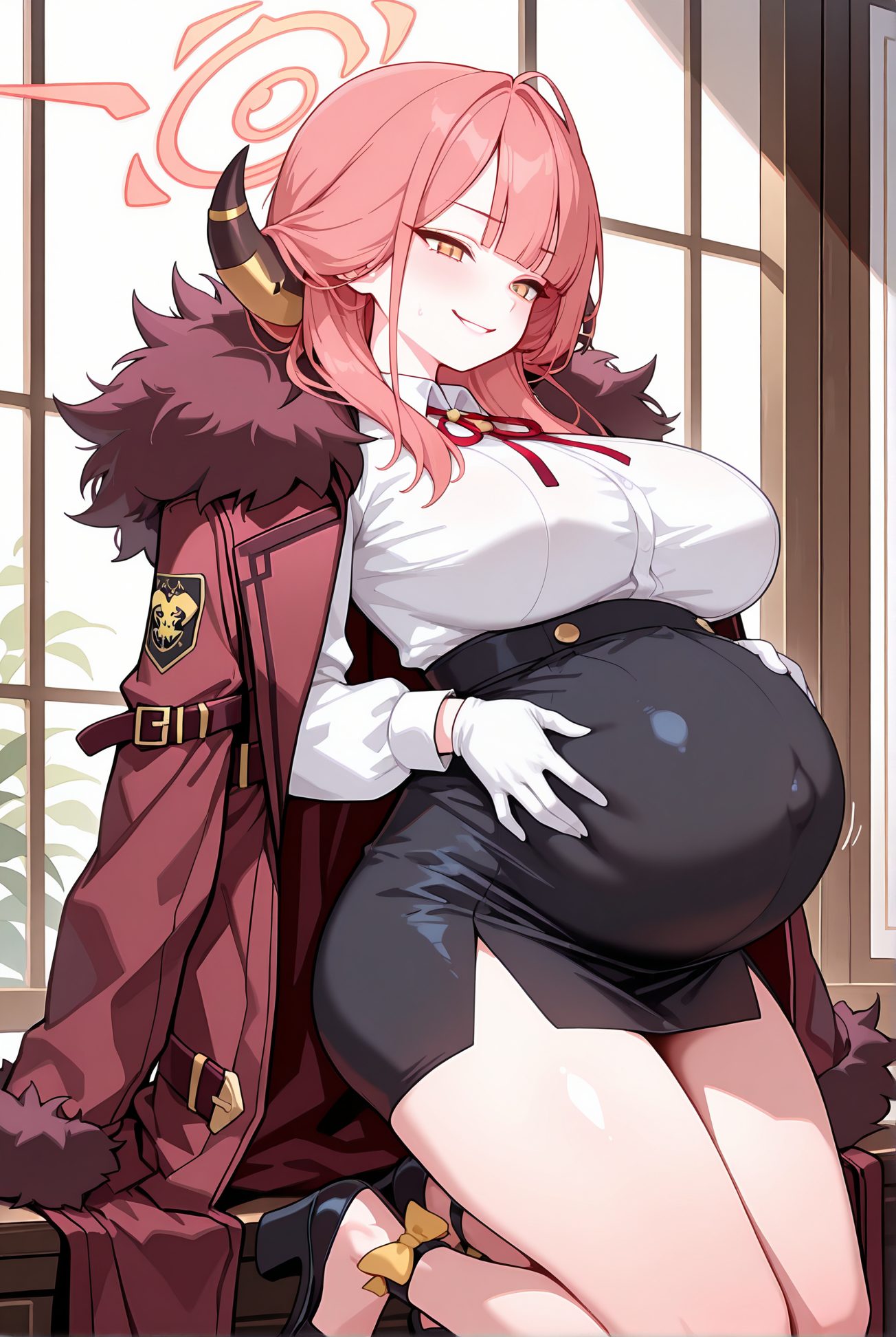 rikuhachima aru, sensitive, 1girl, solo, long_hair, breasts, looking_at_viewer, blush, smile, bangs, skirt, large_breasts, shirt, gloves, long_sleeves, ribbon, yellow_eyes, white_shirt, pink_hair, thighs, horns, collared_shirt, indoors, white_gloves, blunt_bangs, black_skirt, black_footwear, sweatdrop, grin, high_heels, red_ribbon, coat, orange_eyes, fur_trim, window, kneeling, neck_ribbon, halo, high-waist_skirt, fur-trimmed_coat, red_coat, pregnant, coat_on_shoulders, big_belly, aru_(blue_archive), 長い髪, 赤面, 笑顔, 前髪, スカート, 大きな胸, シャツ, 手袋, リボン, 白シャツ, ピンク髪, 汗滴, 赤リボン, ハイウエストスカート, 予備, Posted