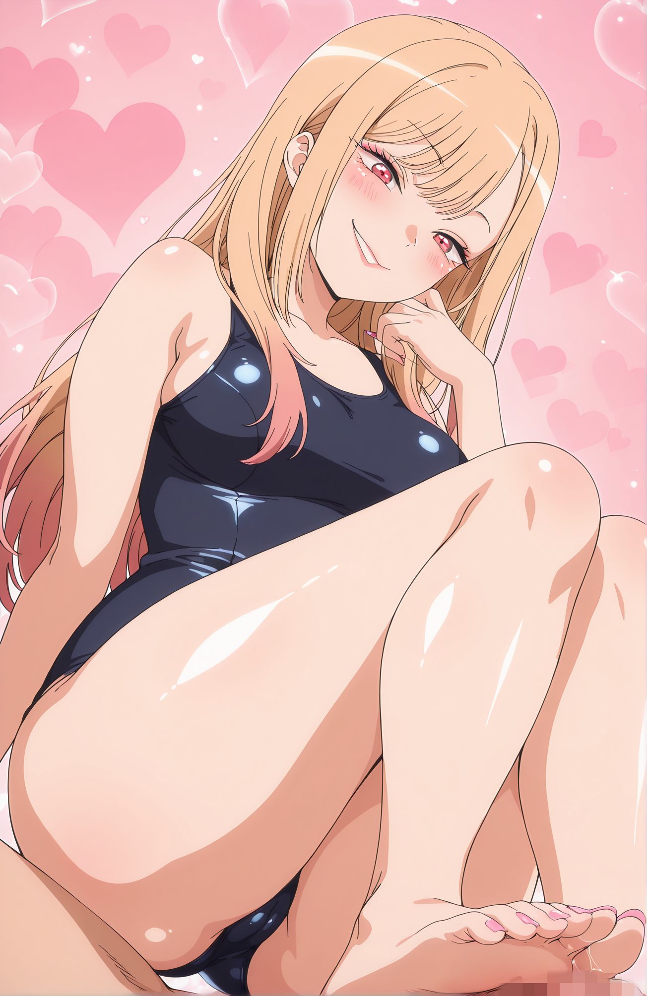 explicit, 1girl, long_hair, breasts, looking_at_viewer, blush, smile, bangs, blonde_hair, red_eyes, 1boy, medium_breasts, sitting, swimsuit, hetero, heart, thighs, multicolored_hair, penis, barefoot, solo_focus, nail_polish, grin, feet, one-piece_swimsuit, gradient_hair, toes, pink_background, school_swimsuit, pink_nails, toenails, blue_one-piece_swimsuit, toenail_polish, footjob, kitagawa_marin, 長い髪, 赤面, 笑顔, 前髪, 金髪, 赤い目, 中くらいの胸, 座り, 水着, 多色髪, ワンピース水着, 学校水着, 喜多川海夢