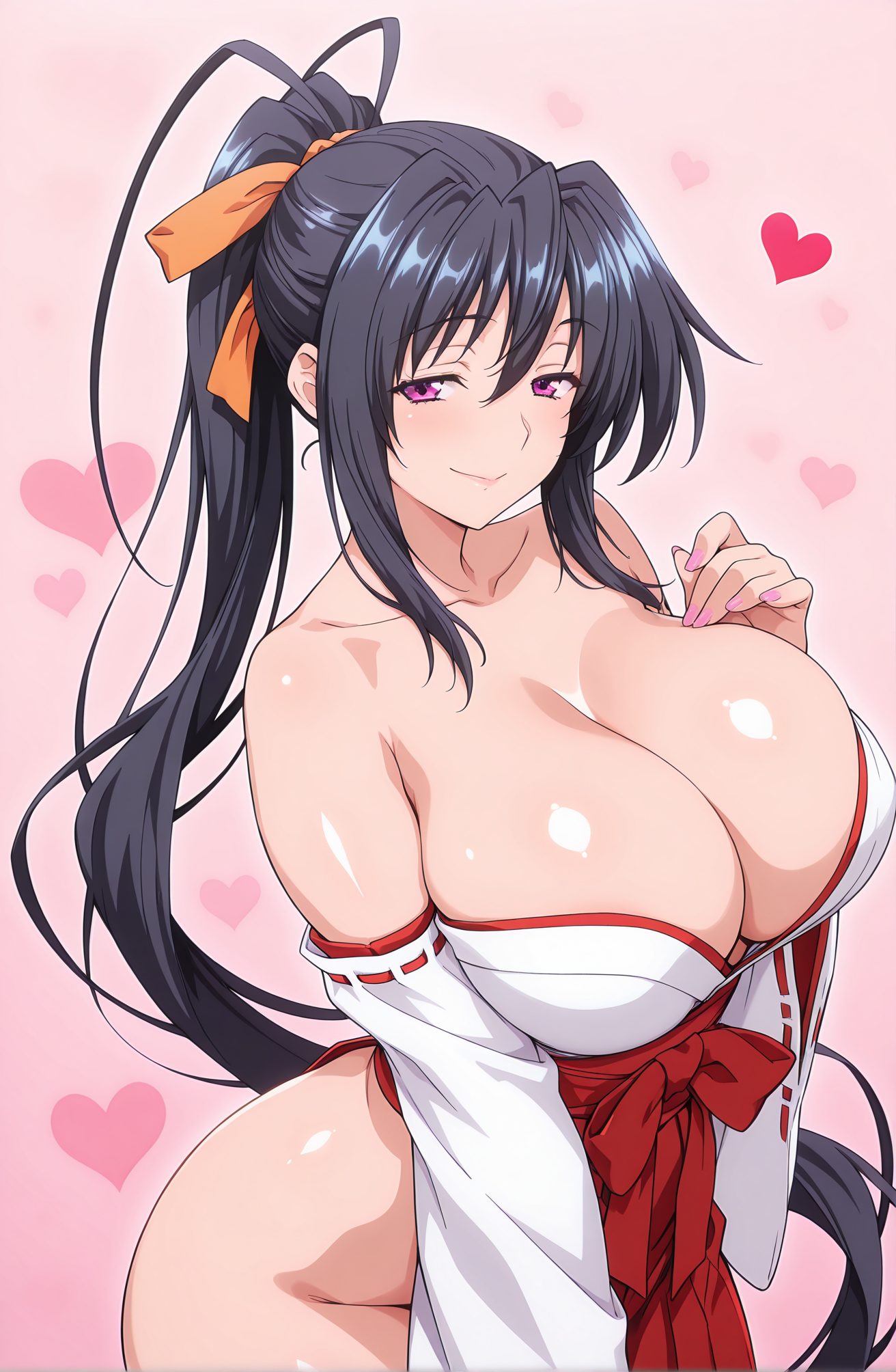 sensitive, questionable, 1girl, solo, long_hair, breasts, looking_at_viewer, blush, smile, bangs, skirt, large_breasts, black_hair, long_sleeves, ribbon, cleavage, hair_between_eyes, bare_shoulders, very_long_hair, closed_mouth, purple_eyes, collarbone, hair_ribbon, ponytail, heart, sidelocks, detached_sleeves, japanese_clothes, shiny, wide_sleeves, off_shoulder, nail_polish, huge_breasts, shiny_skin, no_panties, pink_background, ribbon_trim, hakama, hakama_skirt, pink_nails, ribbon-trimmed_sleeves, miko, red_hakama, orange_ribbon, himejima_akeno, 長い髪, 赤面, 笑顔, 前髪, スカート, 大きな胸, 黒髪, リボン, 目にかかる髪, 肩出し, とても長い髪, 口閉じ, 鎖骨, 髪リボン, ポニーテール, サイドロック, 和服, 光沢, 巨大な胸, 光沢肌, ノーパン, 姫島朱乃