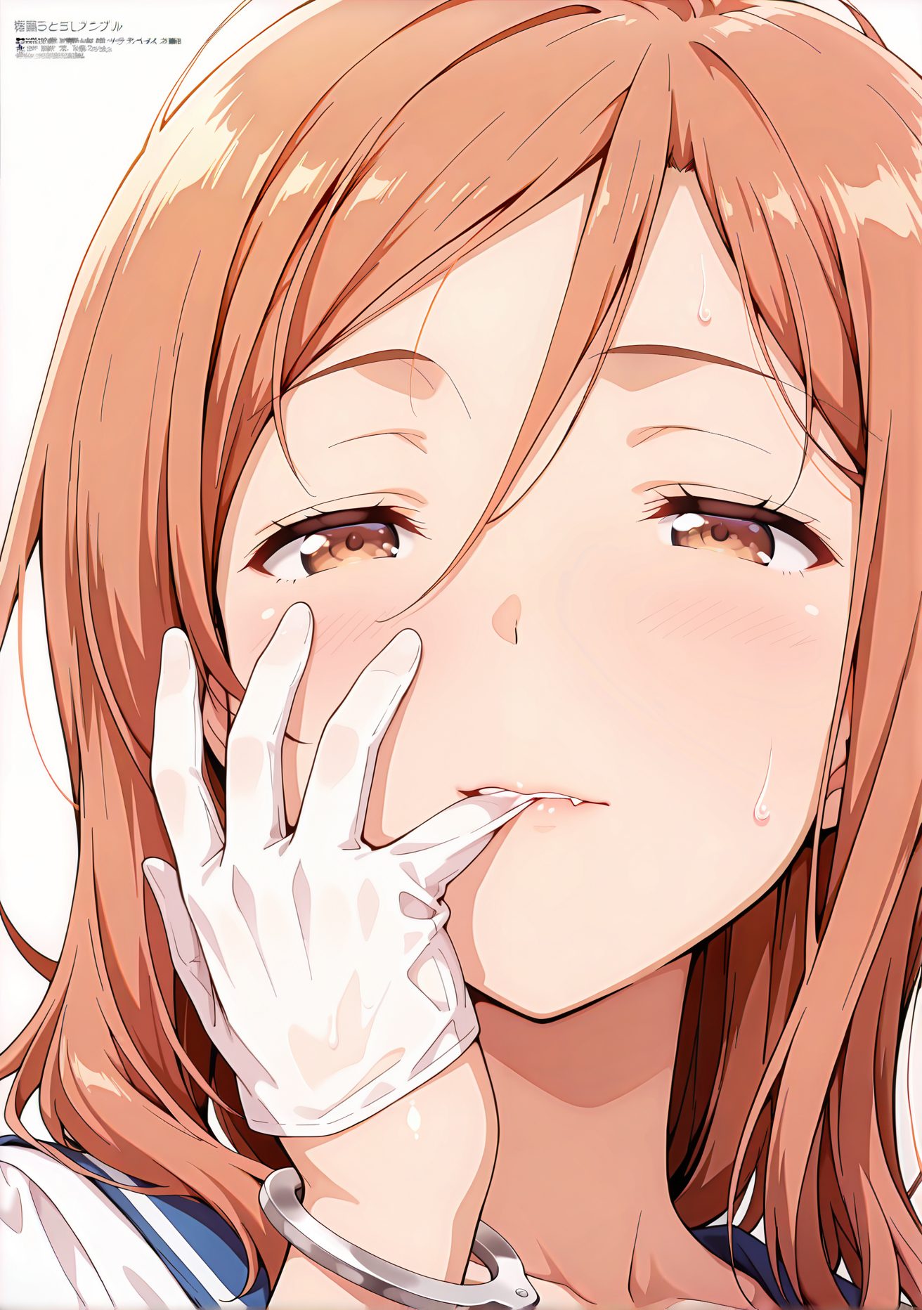 sensitive, 1girl, solo, long_hair, looking_at_viewer, blush, bangs, simple_background, brown_hair, gloves, white_background, hair_between_eyes, brown_eyes, school_uniform, collarbone, sweat, parted_lips, serafuku, fang, white_gloves, sailor_collar, orange_hair, lips, mouth_hold, half-closed_eyes, blue_sailor_collar, portrait, close-up, cuffs, biting, handcuffs, glove_biting, 長い髪, 赤面, 前髪, 茶髪, 手袋, 目にかかる髪, 学校制服, 鎖骨, 汗, セーラー服, オレンジ髪, 竹井久, 竹井久_posted