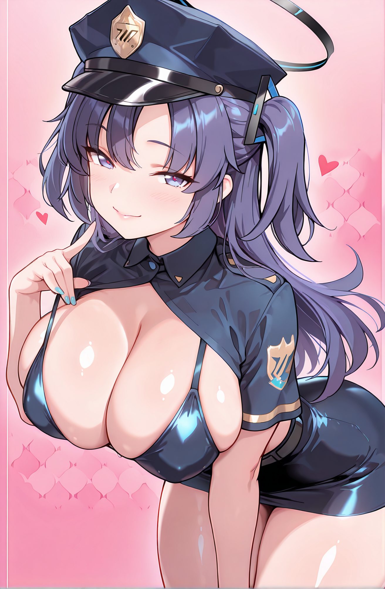 sensitive, 1girl, solo, long_hair, breasts, looking_at_viewer, blush, smile, bangs, blue_eyes, skirt, large_breasts, shirt, hat, cleavage, closed_mouth, purple_eyes, swimsuit, purple_hair, short_sleeves, heart, bikini, thighs, open_clothes, collared_shirt, miniskirt, black_skirt, nail_polish, uniform, two_side_up, open_shirt, skindentation, leaning_forward, halo, heart-shaped_pupils, pink_background, bent_over, blue_shirt, bikini_top_only, blue_bikini, blue_nails, bikini_under_clothes, police, seductive_smile, police_uniform, policewoman, police_hat, yuuka_(blue_archive), 長い髪, 赤面, 笑顔, 前髪, 青い目, スカート, 大きな胸, シャツ, 帽子, 口閉じ, 水着, 紫髪, ビキニ, 衣服開く, ミニスカート, 両側アップ, シャツ開く, ハート目, ユウカ（ブルーアーカイブ）