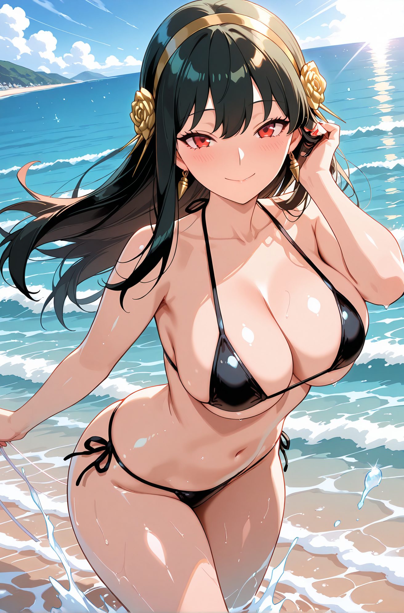 sensitive, 1girl, solo, long_hair, breasts, looking_at_viewer, blush, smile, bangs, large_breasts, black_hair, hair_ornament, red_eyes, navel, cleavage, bare_shoulders, jewelry, closed_mouth, collarbone, swimsuit, flower, sidelocks, bikini, thighs, cowboy_shot, hairband, earrings, outdoors, sky, day, cloud, hand_up, hair_flower, water, stomach, blue_sky, wet, skindentation, floating_hair, black_bikini, side-tie_bikini_bottom, rose, ocean, beach, string_bikini, spikes, wading, hand_in_own_hair, gold_earrings, gold_hairband, yor_briar, 長い髪, 赤面, 笑顔, 前髪, 大きな胸, 黒髪, 髪飾り, 赤い目, 肩出し, ジュエリー, 口閉じ, 鎖骨, 水着, サイドロック, ビキニ, ヘアバンド, イヤリング, 髪の花, ストリングビキニ, ヨル・ブライア