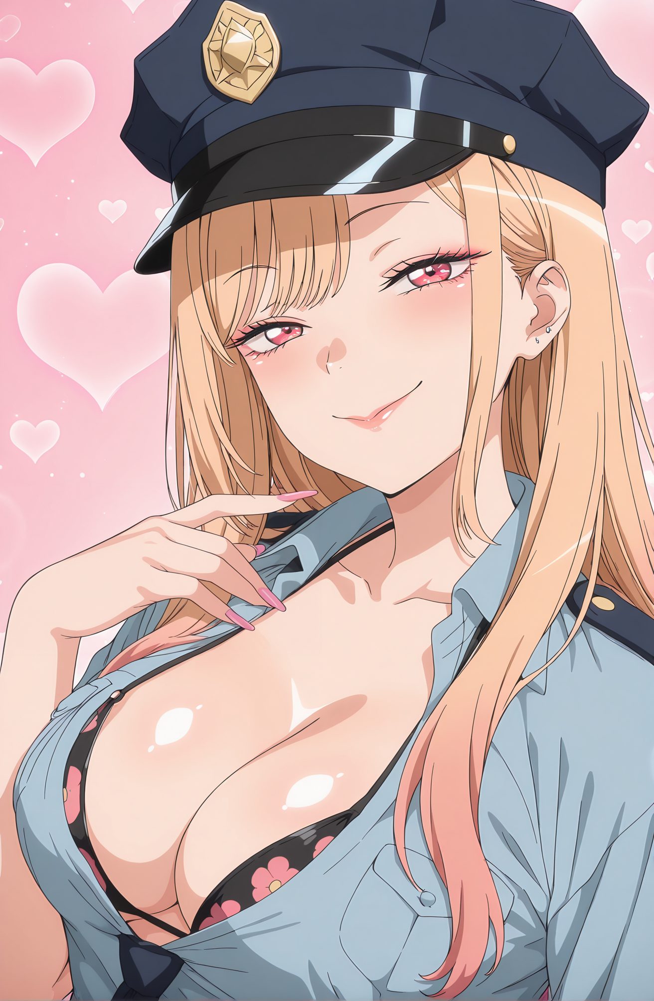 sensitive, 1girl, solo, long_hair, breasts, looking_at_viewer, blush, smile, bangs, blonde_hair, large_breasts, shirt, red_eyes, hat, cleavage, jewelry, closed_mouth, underwear, collarbone, swimsuit, upper_body, heart, bikini, multicolored_hair, earrings, collared_shirt, hand_up, nail_polish, bra, uniform, fingernails, black_headwear, makeup, black_bikini, piercing, floral_print, pink_background, blue_shirt, ear_piercing, peaked_cap, pink_nails, long_fingernails, bikini_under_clothes, partially_unbuttoned, gyaru, print_bikini, police, police_uniform, policewoman, police_hat, industrial_piercing, kitagawa_marin, 長い髪, 赤面, 笑顔, 前髪, 金髪, 大きな胸, シャツ, 赤い目, 帽子, ジュエリー, 口閉じ, 下着, 鎖骨, 水着, ビキニ, 多色髪, イヤリング, ブラ, ピーク帽, 喜多川海夢