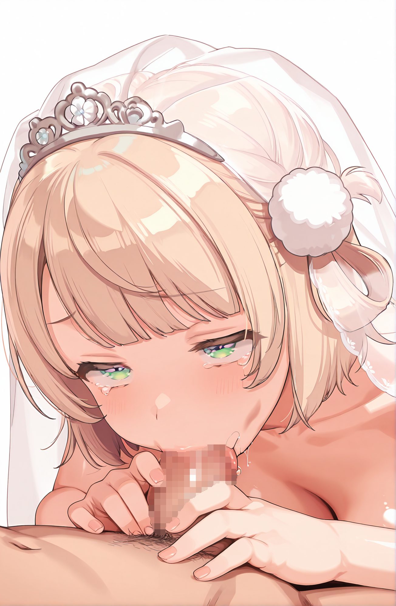 explicit, 1girl, breasts, blush, short_hair, bangs, blonde_hair, simple_background, hair_ornament, 1boy, white_background, green_eyes, braid, hetero, nude, penis, solo_focus, virtual_youtuber, tears, pubic_hair, completely_nude, saliva, uncensored, oral, light_brown_hair, tiara, fellatio, veil, male_pubic_hair, pom_pom_(clothes), hair_rings, tearing_up, veins, veiny_penis, pom_pom_hair_ornament, 赤面, 短い髪, 前髪, 金髪, 髪飾り, 緑の目, 裸, バーチャルYouTuber, 涙, 完全裸, よだれ, 無修正, オーラル, フェラチオ, しぐれうい
