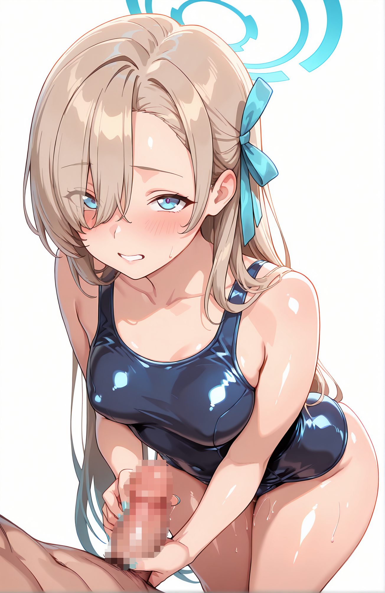 explicit, 1girl, long_hair, breasts, looking_at_viewer, blush, smile, bangs, blue_eyes, simple_background, 1boy, white_background, ribbon, bare_shoulders, medium_breasts, collarbone, swimsuit, hair_ribbon, hetero, thighs, penis, teeth, solo_focus, alternate_costume, shiny, nail_polish, hair_over_one_eye, one-piece_swimsuit, pubic_hair, uncensored, covered_navel, swept_bangs, halo, erection, school_swimsuit, light_brown_hair, blue_ribbon, male_pubic_hair, handjob, blue_nails, veins, shiny_clothes, blue_one-piece_swimsuit, veiny_penis, penis_grab, asuna_(blue_archive), 長い髪, 赤面, 笑顔, 前髪, 青い目, リボン, 肩出し, 中くらいの胸, 鎖骨, 水着, 髪リボン, 光沢, ワンピース水着, 無修正, 学校水着, 手コキ, アスナ（ブルーアーカイブ）, 一之瀬アスナ_posted