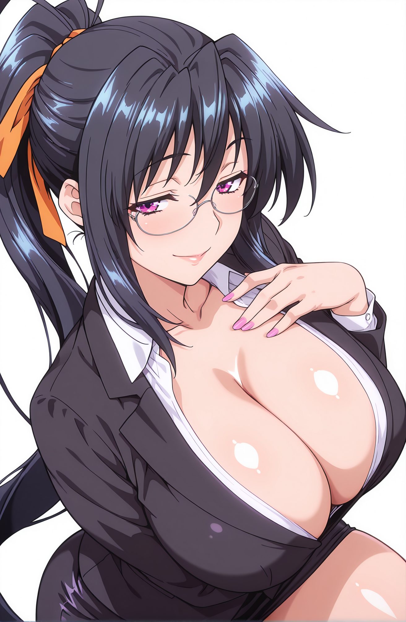 sensitive, 1girl, solo, long_hair, breasts, looking_at_viewer, smile, bangs, skirt, large_breasts, simple_background, shirt, black_hair, white_background, ribbon, cleavage, closed_mouth, purple_eyes, collarbone, jacket, hair_ribbon, white_shirt, ponytail, sidelocks, glasses, shiny, collared_shirt, black_skirt, lips, shiny_skin, formal, suit, hand_on_own_chest, pink_nails, pencil_skirt, office_lady, skirt_suit, orange_ribbon, himejima_akeno, 長い髪, 笑顔, 前髪, スカート, 大きな胸, シャツ, 黒髪, リボン, 口閉じ, 鎖骨, 髪リボン, 白シャツ, ポニーテール, サイドロック, 光沢, 光沢肌, ペンシルスカート, スカートスーツ, 姫島朱乃