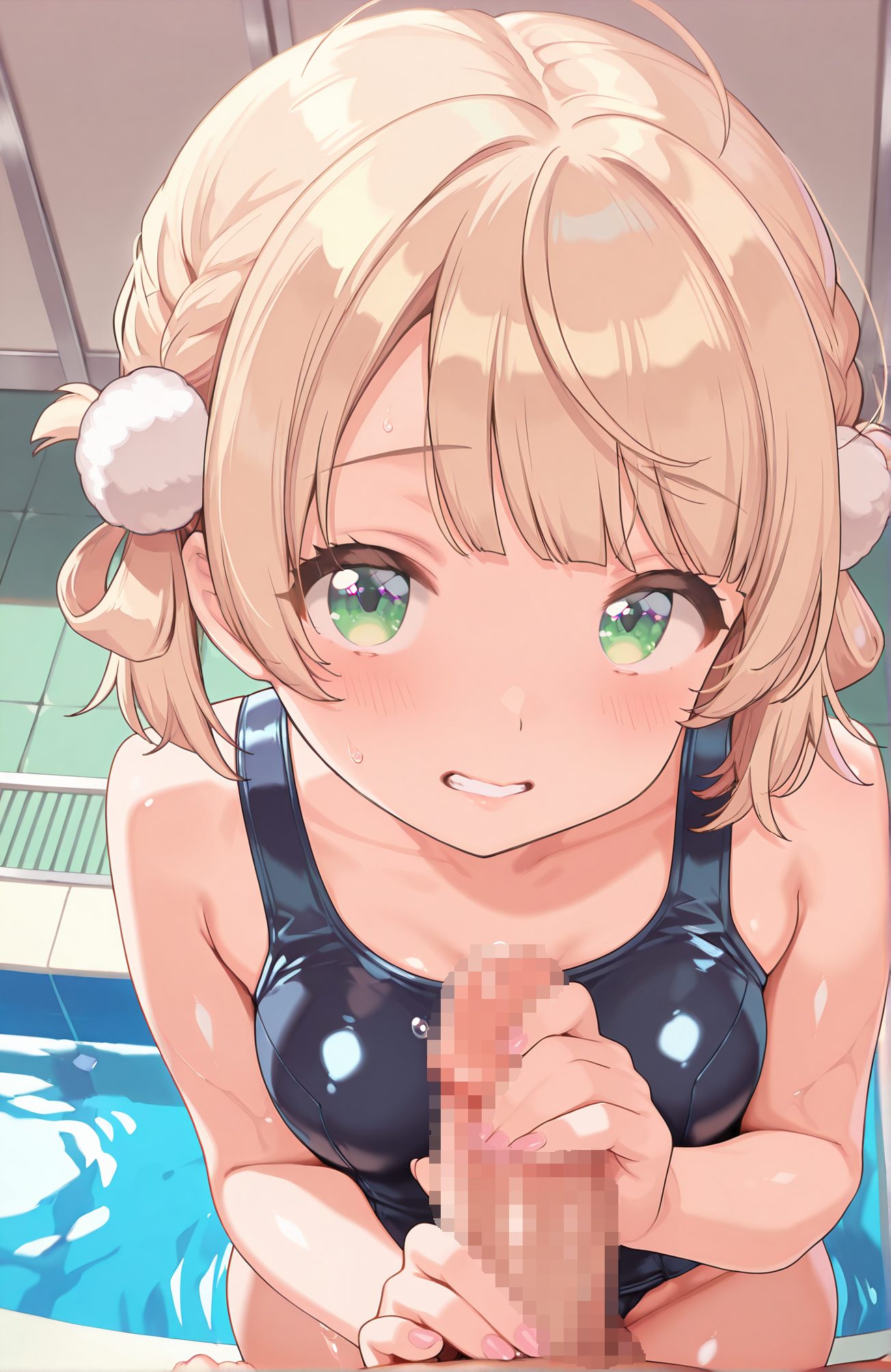 explicit, 1girl, breasts, looking_at_viewer, blush, smile, short_hair, bangs, blonde_hair, hair_ornament, 1boy, bare_shoulders, twintails, medium_breasts, green_eyes, collarbone, swimsuit, braid, ahoge, hetero, small_breasts, penis, teeth, solo_focus, shiny, virtual_youtuber, water, grin, fingernails, wet, one-piece_swimsuit, uncensored, pov, erection, school_swimsuit, light_brown_hair, short_twintails, pom_pom_(clothes), french_braid, pink_nails, handjob, hair_rings, veins, blue_one-piece_swimsuit, black_one-piece_swimsuit, pool, pom_pom_hair_ornament, 赤面, 笑顔, 短い髪, 前髪, 金髪, 髪飾り, 肩出し, ツインテール, 中くらいの胸, 緑の目, 鎖骨, 水着, アホ毛, 小さな胸, 光沢, バーチャルYouTuber, ワンピース水着, 無修正, 学校水着, ショートツインテール, 手コキ, しぐれうい