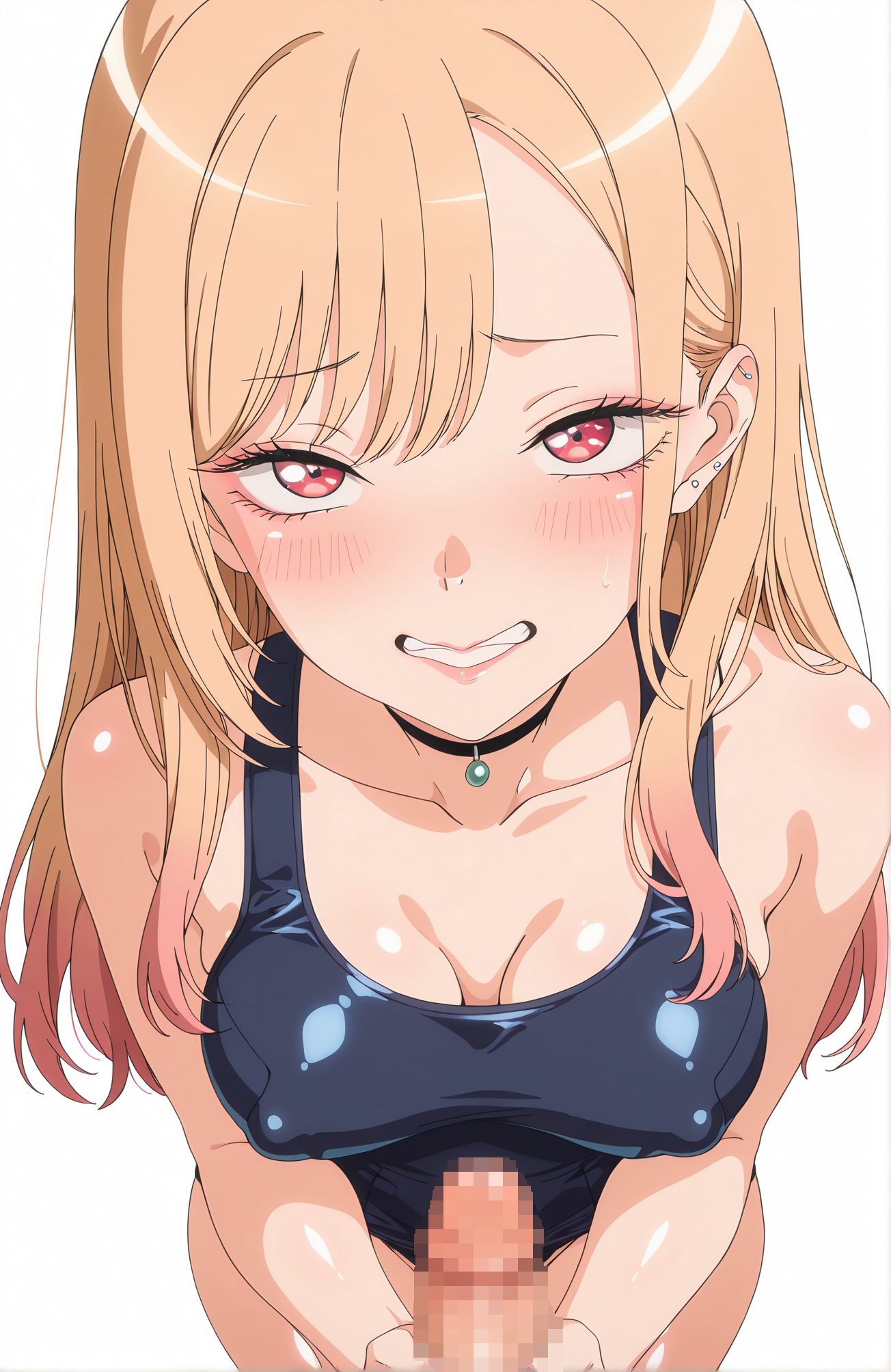 explicit, 1girl, long_hair, breasts, looking_at_viewer, blush, bangs, blonde_hair, simple_background, red_eyes, 1boy, white_background, cleavage, jewelry, medium_breasts, collarbone, swimsuit, hetero, multicolored_hair, earrings, penis, teeth, solo_focus, choker, shiny, sweatdrop, covered_nipples, one-piece_swimsuit, shiny_skin, uncensored, gradient_hair, pov, black_choker, piercing, erection, school_swimsuit, clenched_teeth, ear_piercing, handjob, kitagawa_marin, 長い髪, 赤面, 前髪, 金髪, 赤い目, ジュエリー, 中くらいの胸, 鎖骨, 水着, 多色髪, イヤリング, チョーカー, 光沢, 汗滴, ワンピース水着, 光沢肌, 無修正, 黒チョーカー, 学校水着, 歯食いしばり, 手コキ, 喜多川海夢