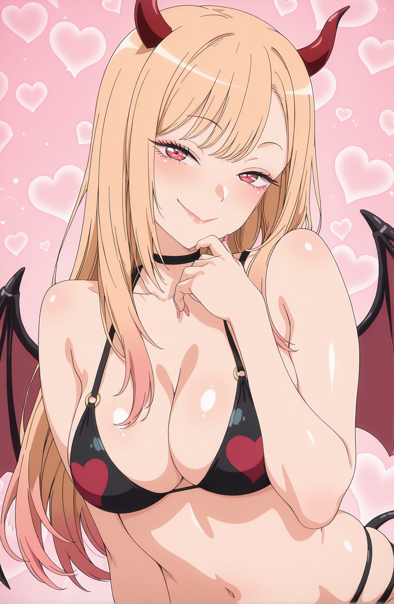 sensitive, 1girl, solo, long_hair, breasts, looking_at_viewer, blush, smile, bangs, blonde_hair, large_breasts, red_eyes, navel, cleavage, bare_shoulders, closed_mouth, collarbone, tail, swimsuit, upper_body, pink_hair, heart, bikini, multicolored_hair, wings, horns, choker, gradient_hair, makeup, black_bikini, black_choker, floral_print, pink_background, demon_girl, lipstick, demon_horns, demon_tail, pink_nails, o-ring, demon_wings, o-ring_bikini, print_bikini, multi-strapped_bikini, heart_background, kitagawa_marin, 長い髪, 赤面, 笑顔, 前髪, 金髪, 大きな胸, 赤い目, 肩出し, 口閉じ, 鎖骨, 水着, ピンク髪, ビキニ, 多色髪, チョーカー, 黒チョーカー, 喜多川海夢