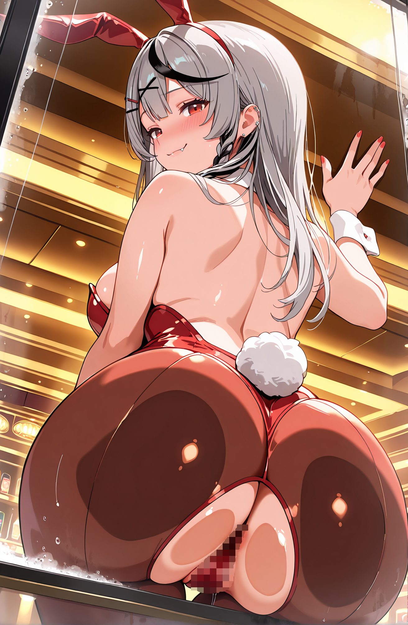 questionable, 1girl, solo, long_hair, breasts, looking_at_viewer, blush, smile, bangs, large_breasts, black_hair, hair_ornament, red_eyes, animal_ears, bare_shoulders, closed_mouth, tail, ass, braid, grey_hair, pantyhose, multicolored_hair, fang, looking_back, virtual_youtuber, from_behind, nail_polish, rabbit_ears, leotard, streaked_hair, wrist_cuffs, torn_clothes, strapless, detached_collar, fake_animal_ears, cameltoe, back, playboy_bunny, x_hair_ornament, rabbit_tail, red_nails, brown_pantyhose, ass_focus, bare_back, torn_pantyhose, huge_ass, red_leotard, against_glass, sakamata_chloe, 長い髪, 赤面, 笑顔, 前髪, 大きな胸, 黒髪, 髪飾り, 赤い目, 動物耳, 肩出し, 口閉じ, 灰髪, パンスト, 多色髪, バーチャルYouTuber, うさ耳, レオタード, 偽動物耳, プレイボーイバニー, 沙花叉クロヱ, ok