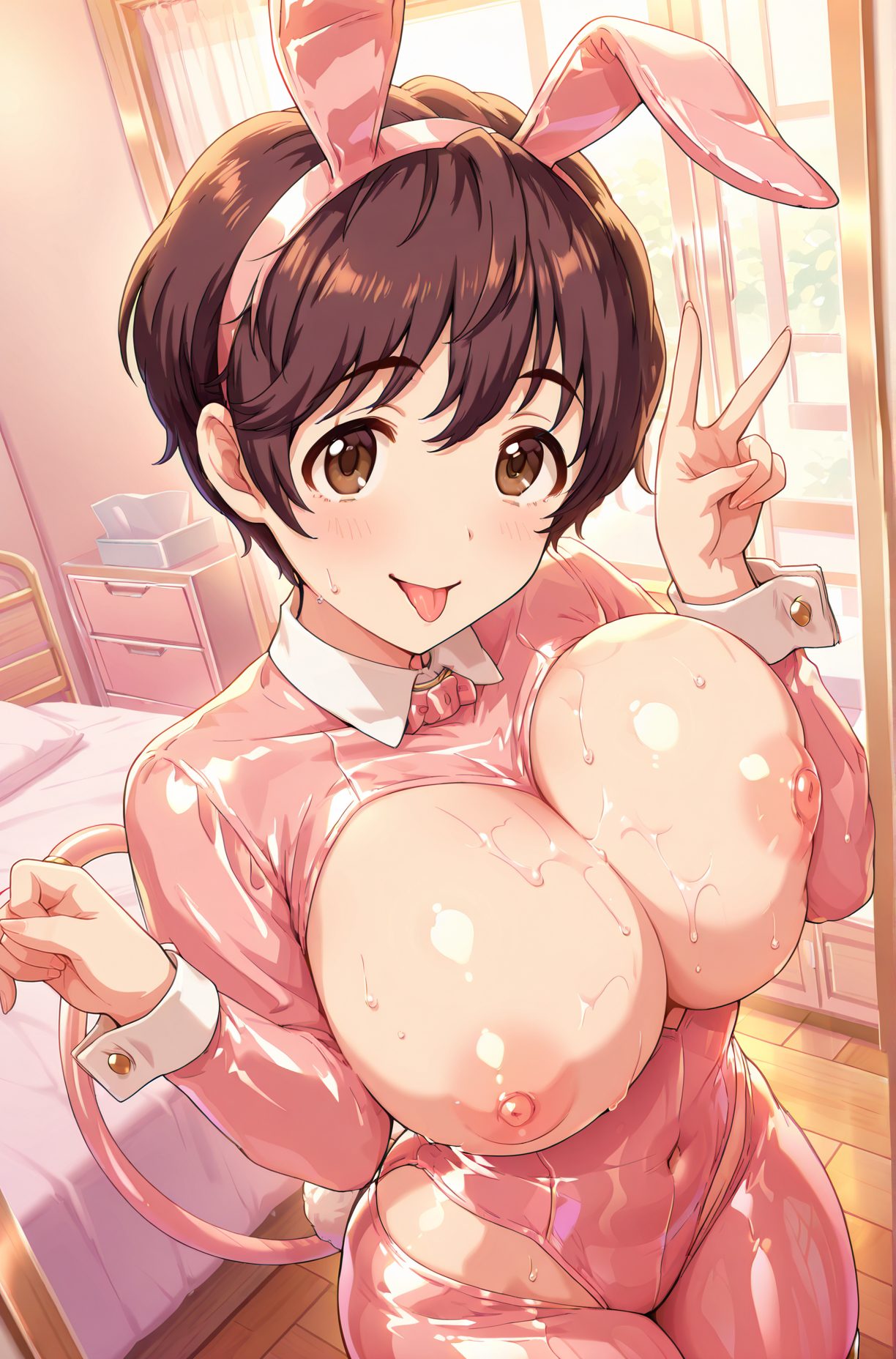 questionable, 1girl, solo, breasts, looking_at_viewer, blush, smile, short_hair, bangs, large_breasts, brown_hair, animal_ears, brown_eyes, nipples, tail, sweat, tongue, indoors, tongue_out, rabbit_ears, wrist_cuffs, v, bed, covered_navel, fake_animal_ears, playboy_bunny, breasts_out, rabbit_tail, :p, meme_attire, reverse_outfit, pink_leotard, reverse_bunnysuit, oikawa_shizuku, 舌, 巨乳, うさ耳, 汗, ぱっつん, 乳首, 口, アイドルマスター, 獣耳, 赤面, 笑顔, 短い髪, 前髪, 大きな胸, 茶髪, 動物耳, 舌出し, 偽動物耳, プレイボーイバニー, 胸出し, リバースバニースーツ, 及川雫, ok