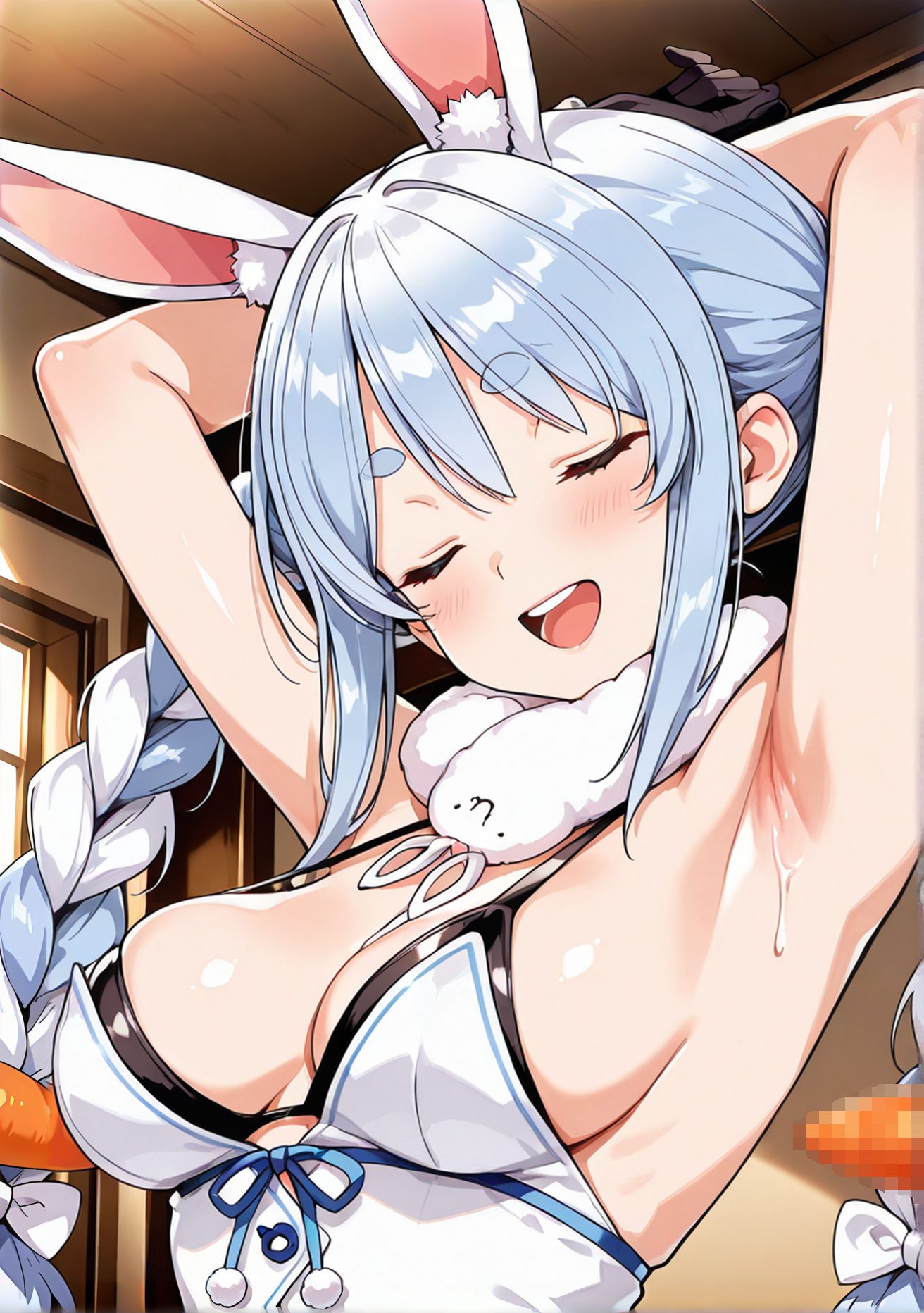 sensitive, 1girl, solo, long_hair, breasts, blush, smile, open_mouth, bangs, hair_ornament, gloves, dress, animal_ears, cleavage, bare_shoulders, twintails, medium_breasts, blue_hair, closed_eyes, upper_body, braid, white_hair, :d, sidelocks, multicolored_hair, sweat, teeth, black_gloves, indoors, virtual_youtuber, armpits, white_dress, rabbit_ears, twin_braids, arms_up, two-tone_hair, animal_ear_fluff, upper_teeth_only, thick_eyebrows, rabbit_girl, food-themed_hair_ornament, carrot_hair_ornament, usada_pekora, don-chan_(usada_pekora), 長い髪, 赤面, 笑顔, 口開き, 前髪, 髪飾り, 手袋, 動物耳, 肩出し, ツインテール, 中くらいの胸, 青髪, 白髪, サイドロック, 多色髪, 汗, 黒手袋, バーチャルYouTuber, うさ耳, ツインブレイド, 兎田ぺこら, ok, 兎田ぺこら_posted