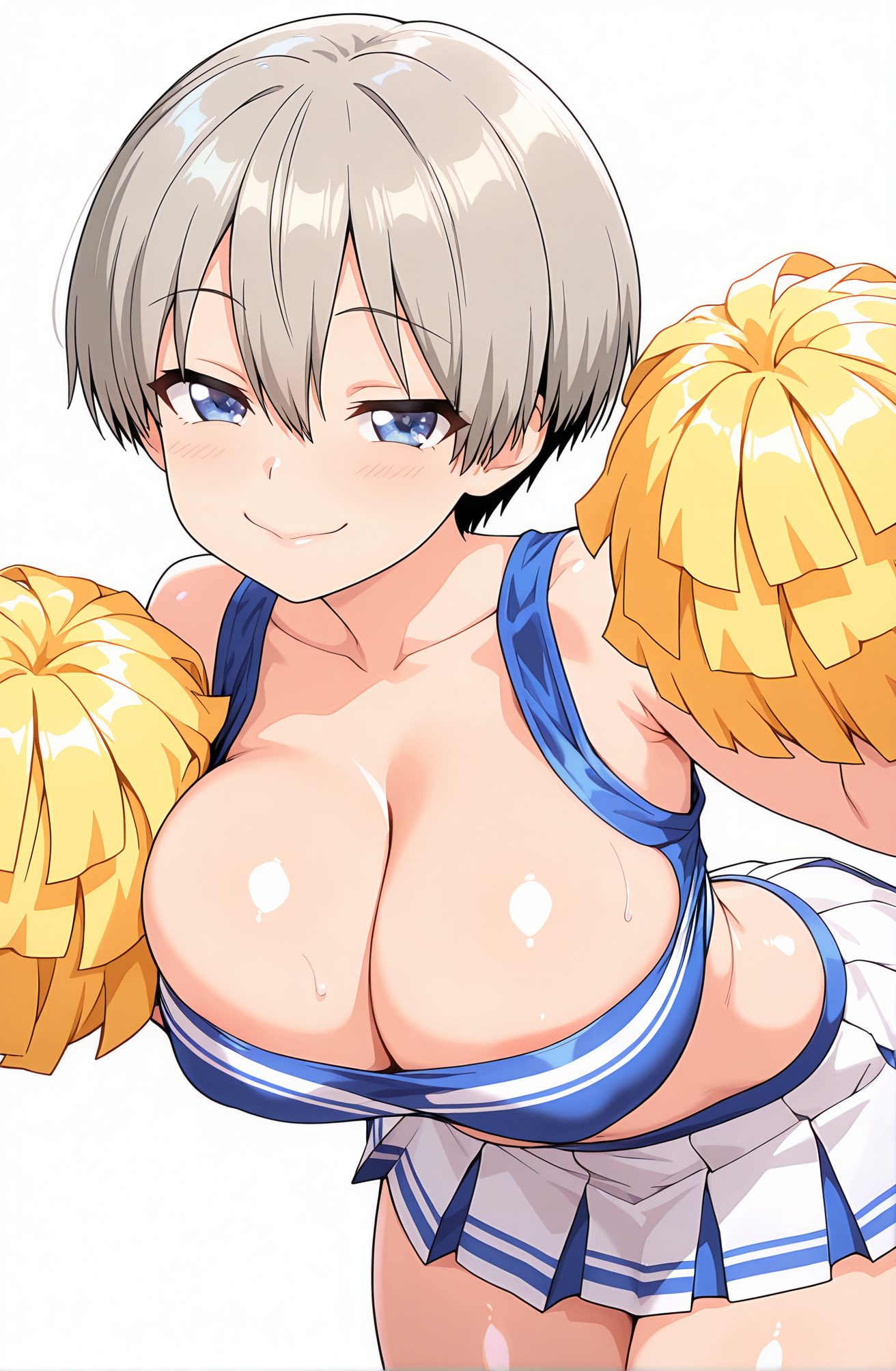 sensitive, 1girl, solo, breasts, looking_at_viewer, blush, smile, short_hair, bangs, blue_eyes, skirt, large_breasts, simple_background, white_background, holding, cleavage, hair_between_eyes, bare_shoulders, closed_mouth, collarbone, grey_hair, multicolored_hair, sweat, pleated_skirt, shiny, miniskirt, crop_top, shiny_skin, leaning_forward, white_skirt, cheerleader, pom_pom_(cheerleading), holding_pom_poms, uzaki_hana, 赤面, 笑顔, 短い髪, 前髪, 青い目, スカート, 大きな胸, 目にかかる髪, 肩出し, 口閉じ, 鎖骨, 灰髪, 多色髪, 汗, 光沢, ミニスカート, クロップトップ, 光沢肌, 宇崎花, ok