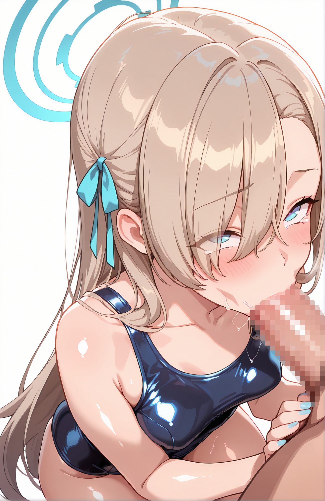 explicit, 1girl, long_hair, breasts, blush, bangs, blue_eyes, simple_background, 1boy, white_background, ribbon, bare_shoulders, collarbone, swimsuit, hair_ribbon, hetero, small_breasts, penis, solo_focus, shiny, tears, nail_polish, hair_over_one_eye, one-piece_swimsuit, shiny_skin, saliva, uncensored, halo, erection, oral, school_swimsuit, light_brown_hair, eyes_visible_through_hair, fellatio, blue_ribbon, male_pubic_hair, blue_nails, veins, shiny_clothes, blue_one-piece_swimsuit, veiny_penis, asuna_(blue_archive), 長い髪, 赤面, 前髪, 青い目, リボン, 肩出し, 鎖骨, 水着, 髪リボン, 小さな胸, 光沢, 涙, ワンピース水着, 光沢肌, よだれ, 無修正, オーラル, 学校水着, フェラチオ, アスナ（ブルーアーカイブ）, 一之瀬アスナ_posted