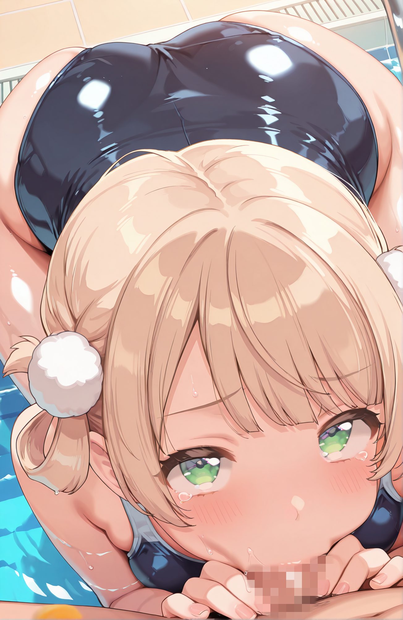 explicit, 1girl, looking_at_viewer, blush, short_hair, bangs, blonde_hair, hair_ornament, 1boy, green_eyes, swimsuit, ass, hetero, penis, solo_focus, shiny, virtual_youtuber, tears, water, wet, one-piece_swimsuit, pov, oral, school_swimsuit, light_brown_hair, fellatio, short_twintails, male_pubic_hair, pom_pom_(clothes), hair_rings, tearing_up, blue_one-piece_swimsuit, black_one-piece_swimsuit, pool, poolside, deepthroat, pom_pom_hair_ornament, 赤面, 短い髪, 前髪, 金髪, 髪飾り, 緑の目, 水着, 光沢, バーチャルYouTuber, 涙, ワンピース水着, オーラル, 学校水着, フェラチオ, ショートツインテール, しぐれうい