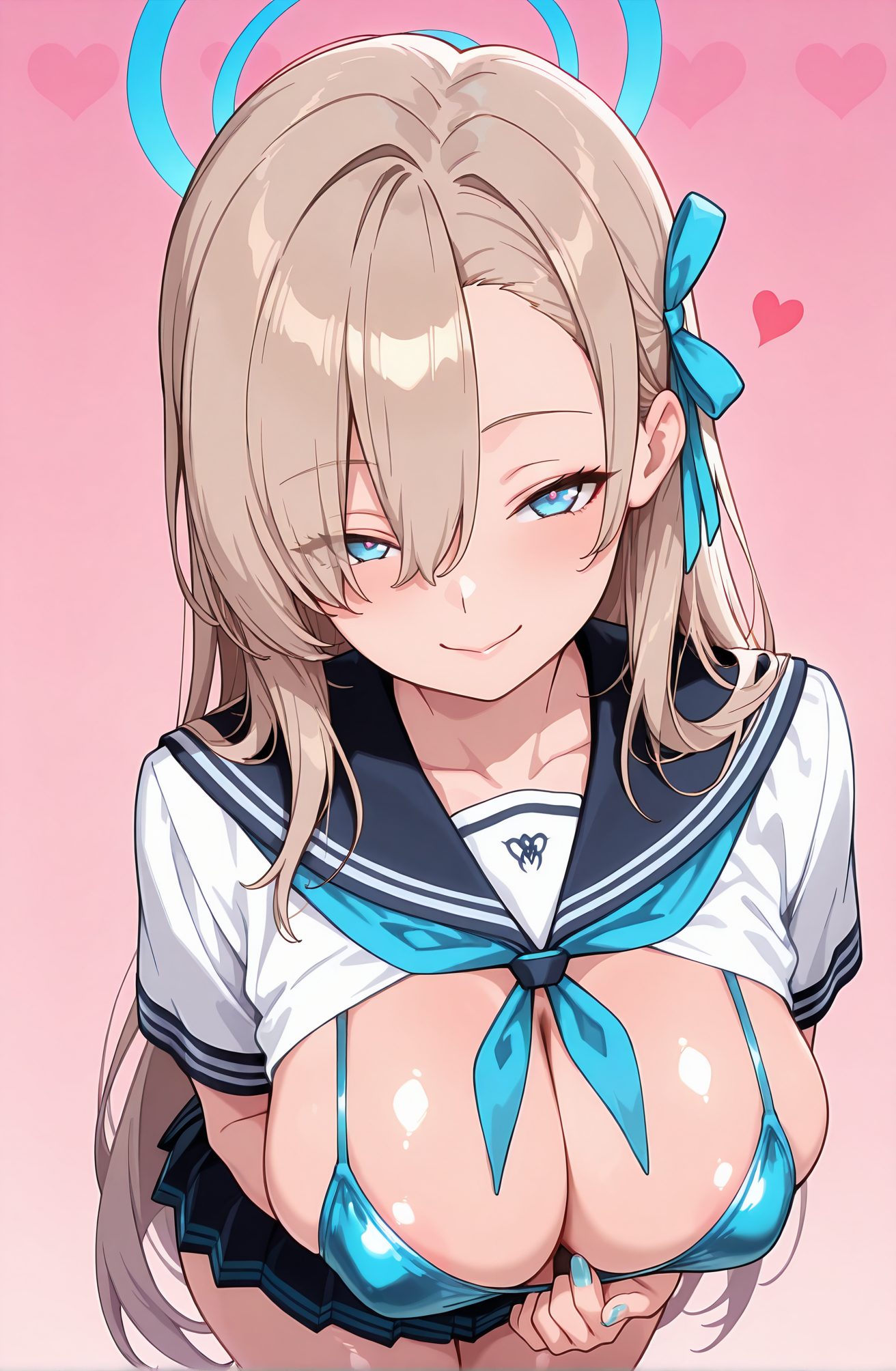 questionable, 1girl, solo, long_hair, breasts, looking_at_viewer, blush, smile, bangs, blue_eyes, skirt, large_breasts, shirt, ribbon, cleavage, closed_mouth, school_uniform, collarbone, swimsuit, hair_ribbon, white_shirt, short_sleeves, heart, bikini, pleated_skirt, serafuku, black_skirt, sailor_collar, nail_polish, hair_over_one_eye, neckerchief, gradient, symbol-shaped_pupils, gradient_background, leaning_forward, halo, heart-shaped_pupils, clothes_pull, pink_background, light_brown_hair, eyes_visible_through_hair, blue_ribbon, blue_bikini, blue_nails, bikini_under_clothes, seductive_smile, asuna_(blue_archive), 長い髪, 赤面, 笑顔, 前髪, 青い目, スカート, 大きな胸, シャツ, リボン, 口閉じ, 学校制服, 鎖骨, 水着, 髪リボン, 白シャツ, ビキニ, セーラー服, ハート目, アスナ（ブルーアーカイブ）, 一之瀬アスナ_posted