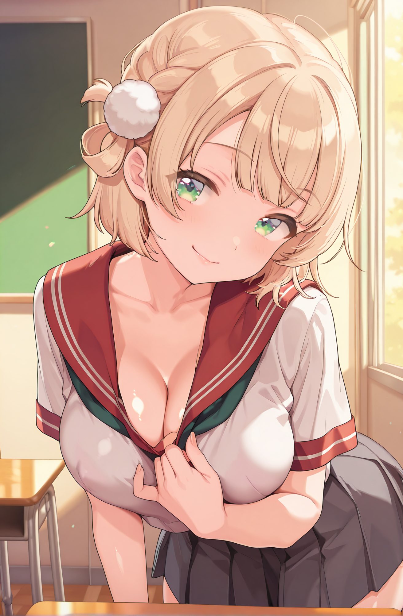 sensitive, 1girl, solo, breasts, looking_at_viewer, blush, smile, short_hair, bangs, skirt, blonde_hair, large_breasts, shirt, hair_ornament, cleavage, closed_mouth, school_uniform, green_eyes, collarbone, white_shirt, braid, short_sleeves, pleated_skirt, serafuku, indoors, virtual_youtuber, sailor_collar, leaning_forward, clothes_pull, light_brown_hair, pom_pom_(clothes), french_braid, desk, hair_rings, classroom, school_desk, shirt_pull, red_sailor_collar, pom_pom_hair_ornament, 赤面, 笑顔, 短い髪, 前髪, スカート, 金髪, 大きな胸, シャツ, 髪飾り, 口閉じ, 学校制服, 緑の目, 鎖骨, 白シャツ, セーラー服, バーチャルYouTuber, しぐれうい