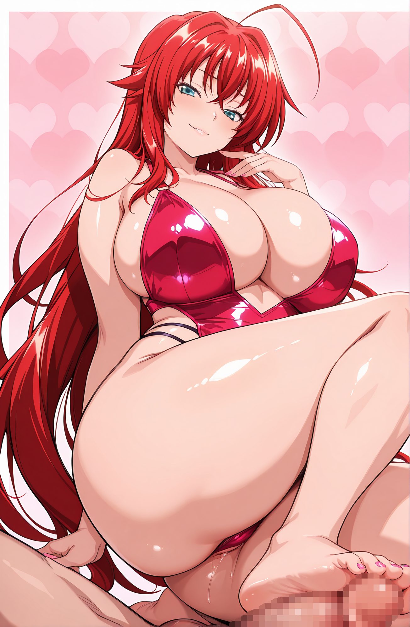 explicit, 1girl, long_hair, breasts, looking_at_viewer, blush, smile, bangs, blue_eyes, large_breasts, 1boy, cleavage, hair_between_eyes, bare_shoulders, very_long_hair, underwear, panties, ass, ahoge, hetero, thighs, red_hair, parted_lips, penis, barefoot, solo_focus, nail_polish, huge_breasts, feet, shiny_skin, uncensored, toes, thick_thighs, erection, pink_background, veins, toenails, crossed_bangs, veiny_penis, toenail_polish, footjob, rias_gremory, 長い髪, 赤面, 笑顔, 前髪, 青い目, 大きな胸, 目にかかる髪, 肩出し, とても長い髪, 下着, パンツ, アホ毛, 赤髪, 巨大な胸, 光沢肌, 無修正, リアス・グレモリー