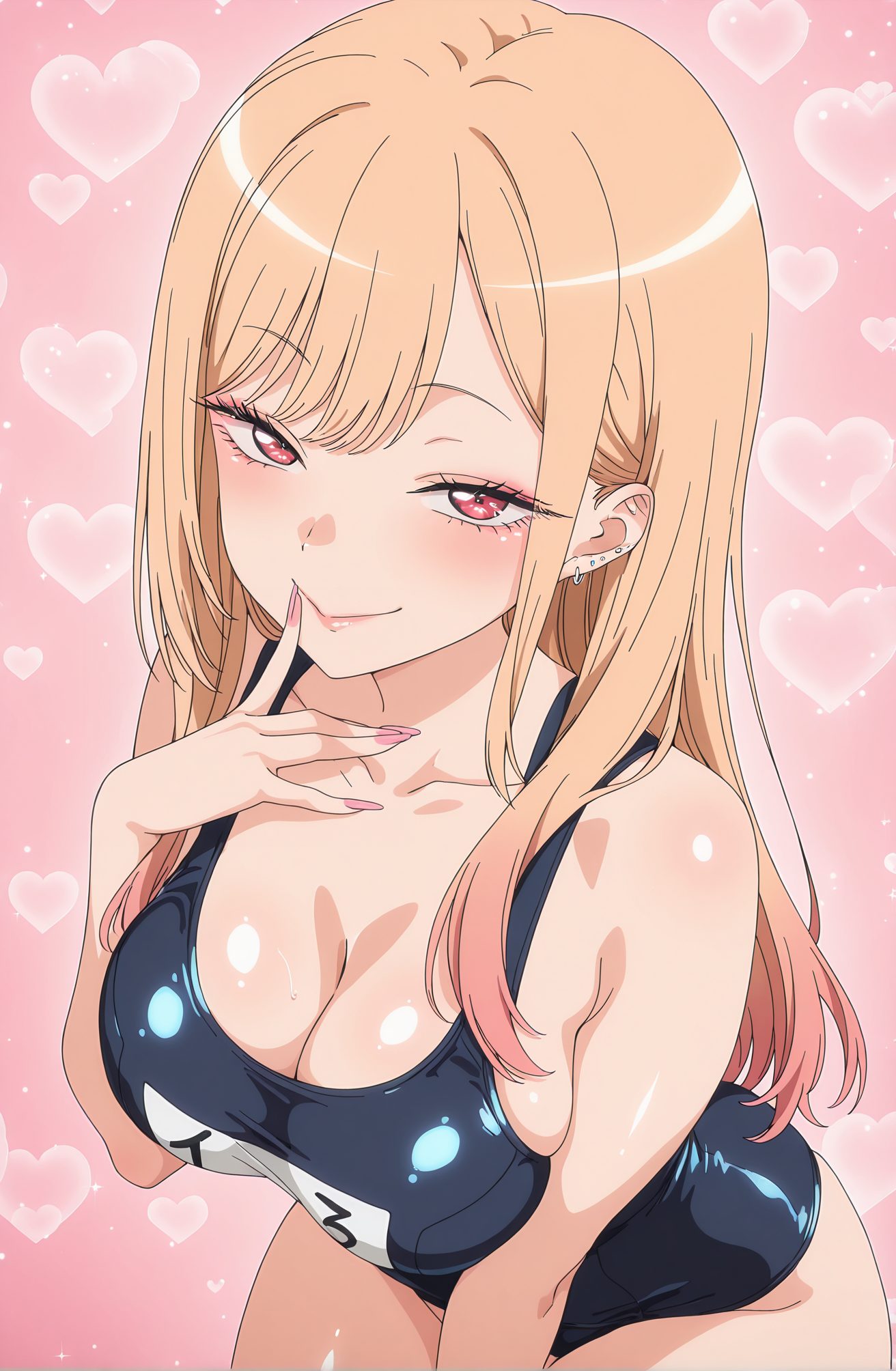 sensitive, 1girl, solo, long_hair, breasts, looking_at_viewer, blush, smile, bangs, blonde_hair, large_breasts, red_eyes, cleavage, jewelry, collarbone, swimsuit, pink_hair, heart, multicolored_hair, earrings, shiny, one-piece_swimsuit, gradient_hair, makeup, leaning_forward, piercing, pink_background, school_swimsuit, ear_piercing, finger_to_mouth, pink_nails, blue_one-piece_swimsuit, gyaru, heart_background, barbell_piercing, industrial_piercing, kitagawa_marin, 長い髪, 赤面, 笑顔, 前髪, 金髪, 大きな胸, 赤い目, ジュエリー, 鎖骨, 水着, ピンク髪, 多色髪, イヤリング, 光沢, ワンピース水着, 学校水着, 喜多川海夢