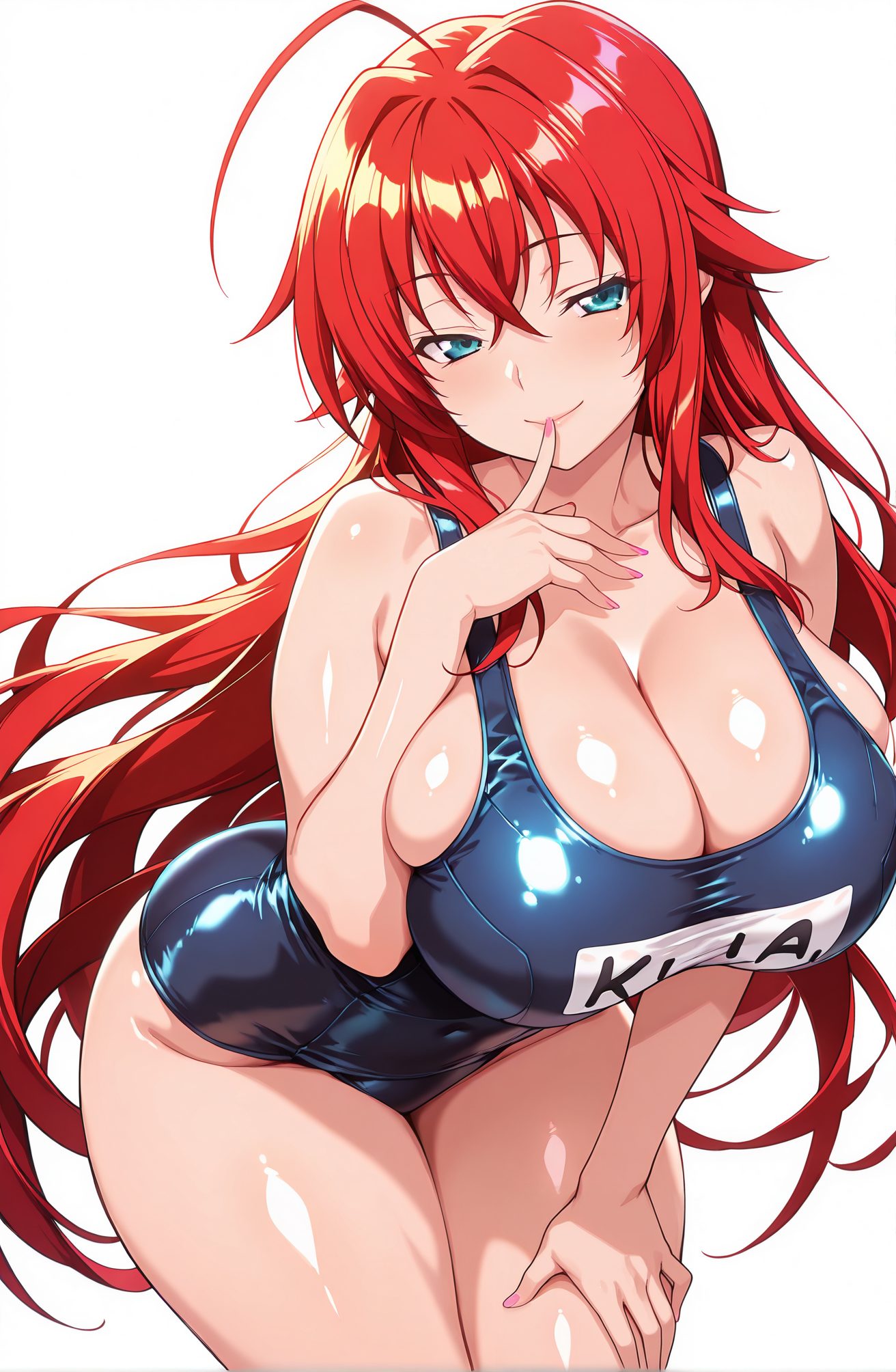 sensitive, 1girl, solo, long_hair, breasts, looking_at_viewer, blush, smile, bangs, blue_eyes, large_breasts, simple_background, white_background, cleavage, hair_between_eyes, bare_shoulders, very_long_hair, closed_mouth, collarbone, swimsuit, ahoge, thighs, red_hair, cowboy_shot, shiny, huge_breasts, one-piece_swimsuit, shiny_skin, covered_navel, skindentation, leaning_forward, school_swimsuit, finger_to_mouth, pink_nails, shiny_clothes, blue_one-piece_swimsuit, crossed_bangs, name_tag, hand_on_own_thigh, huge_ahoge, rias_gremory, 長い髪, 赤面, 笑顔, 前髪, 青い目, 大きな胸, 目にかかる髪, 肩出し, とても長い髪, 口閉じ, 鎖骨, 水着, アホ毛, 赤髪, 光沢, 巨大な胸, ワンピース水着, 光沢肌, 学校水着, リアス・グレモリー